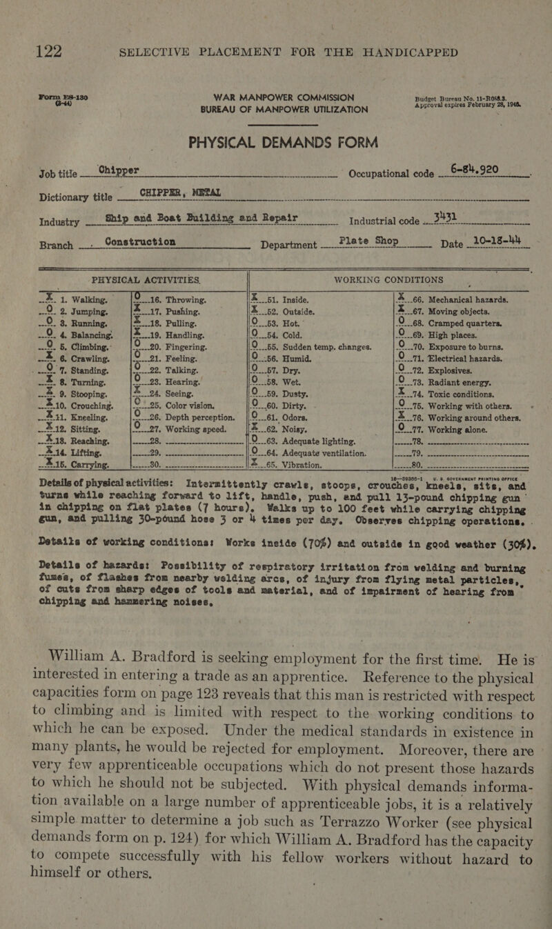 Form ES-130 WAR MANPOWER COMMISSION Budget Bureau No, ROSS. Be BUREAU OF MANPOWER UTILIZATION gy 9 belie : PHYSICAL DEMANDS FORM Job title so OhSippen oe eee et 5 Occupational code _6-84.920 Dictionary title 12. CHIPPER « WREAT aime avnnc so 0D a Industry ___ Ship and Boat Building and Repair Industrial code ae Branch _. Construction === Department _.728te Shop Date 20-18-44                tend ing. . Throwing. X__51. Inside. % 66. Mechanical hazards. oe 2. Jumping. Xi. Pushing. % __52. Outside. 2 67. Moving objects. He fh 3. Running. *...18. Pulling. O53. Hot. ’ O 68. Cramped quarters, ..9. 4, Balancing, |%_.19, Handling. O54. Cold. O 6d. High places. ANS a Climbing. |<... 20. Fingering. Q 65. Sudden temp. changes. O70. Exposure to burns. %. 6. Crawling. |.9__21. Feeling. 0.56, Humid. O 171, Electrical hazards. 97, Standing. |.9__22. Talking. O57. Dry. O 72, Explosives. x. 8, Turning. 0 23, Hearing. O58. Wet. © 73, Radiant energy. 2% 9, Stooping. {|%__24. Seeing. 9.59, Dusty. X_14. Toxic conditions. %10, Crouching. O + 95, Color vision, O60. Dirty. Ot, Working with others. _%11, Kneeling. O 26. Depth perception. O61. Odors. x 76. Working around others. __%12. Sitting. 0. 97, Working speed. _||X__.62. Noisy. — |.O_27. Working alone. -%18. Reaching. —|__... 2B, ennecennneenene-nneneas || O__.63, Adequate lighting. RI, &amp; pe de ok. daa aloe _-14. Lifting. eaenn29, cenecenencnceenneeeeneee--- ||-0:..64, Adequate ventilation, —‘|__._. 1 ap a kaa phan Me et .-%15. Ca: Yah GMa TEMS oan aati ath 4.65, Vibration. Stor ee eo: 16—30366-1 U. S. GOVERNMENT PRINTING OFFICE ; Details of physical activities: Intermittently crawle, stoops, crouches, kneels, sits, and turne while reaching forward to lift, handle, push, end pull 13-pound chipping gun ¢ in chipping on flat plates (7 hours), Walks up to 100 feet while carrying chipping gun, and pulling 30-pound hose 3 or 4 times per day, Observes chipping operations, . Detaila of working conditions: Works ineide (70%) and outside in good weather (30%), Details of hazards: Possibility of reepiretory irritation from welding and burning fumes, of flashes from nearby welding arcs, of injury from flying metal particles, of cuts from sharp edges of tools and material, and of impairment of hearing from chipping and hammering noises, William A. Bradford is seeking employment for the first time. He is” interested in entering a trade asan apprentice. Reference to the physical capacities form on page 123 reveals that this man is restricted with respect to climbing and is limited with respect to the working conditions to which he can be exposed. Under the medical standards in existence in many plants, he would be rejected for employment. Moreover, there are very few apprenticeable occupations which do not present those hazards to which he should not be subjected. With physical demands informa- tion available on a large number of apprenticeable jobs, it is a relatively simple matter to determine a job such as Terrazzo Worker (see physical demands form on p. 124) for which William A. Bradford has the capacity to compete successfully with his fellow workers without hazard to himself or others.