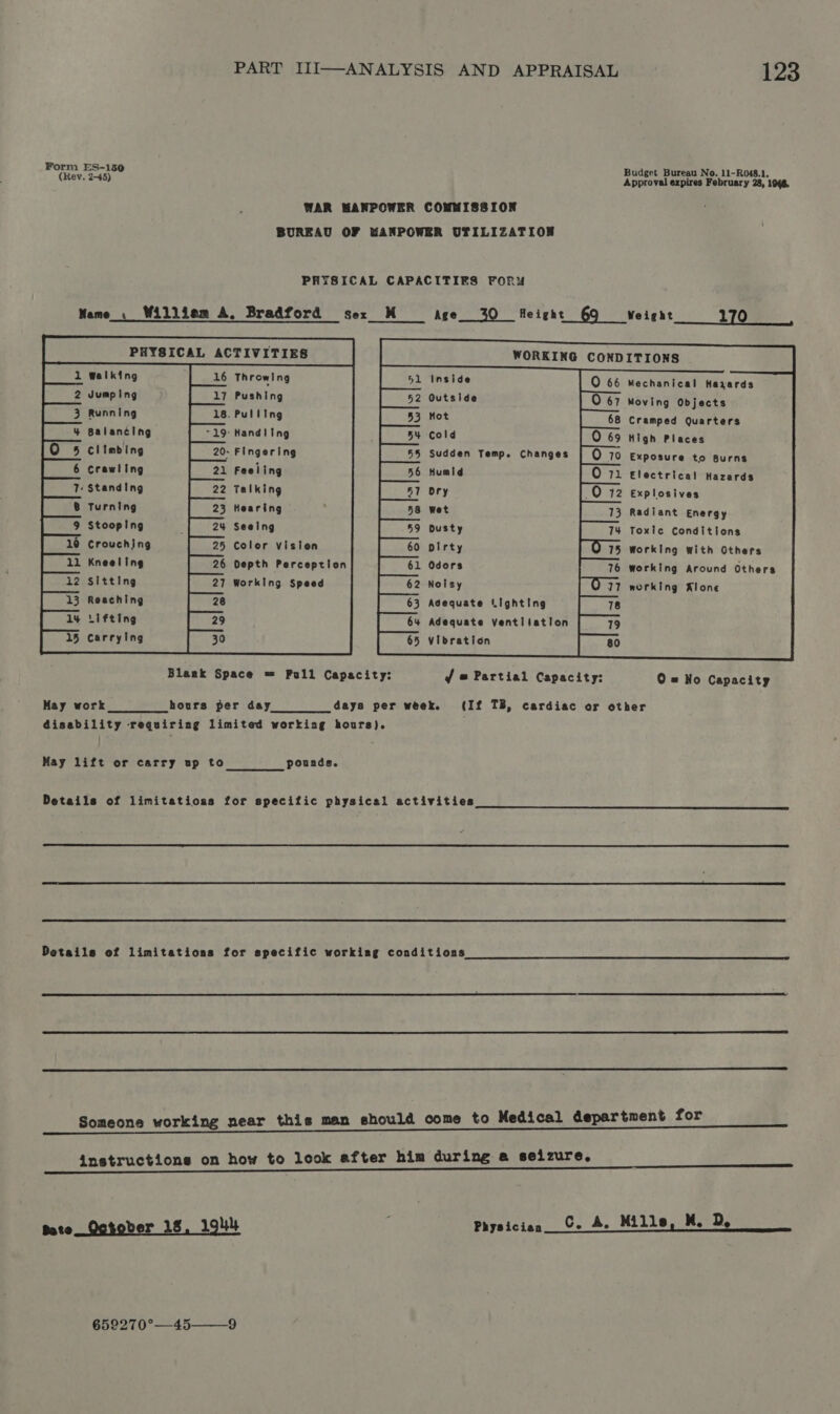 Form ES-150 Bad get Bureau No. 11-R048.1. (Rev. 2-48) Approval expires February 28, 1946. WAR MANPOWER COMMISSION BUREAU OF WANPOWER UTILIZATION PRAYSICAL CAPACITIES FORw Mame . William A, Bradford sex M Age__ 30 Height §Q Weight 170 : PHYSICAL ACTIVITIES Walking 16 Throwing Jumping WORKING CONDITIONS                                    Pushing Running Balancing Climbing Crawling Standing Turning Stooping ® Crouching Kneeling Sitting Reaching Lifting carrying - Pulling ‘Handling ~ Fingering Feeling Talking Hearing Seeing Color vision Depth Perception 73 Radiant Energy Dusty 74 Toxle Conditions Dirty 15 Working with Others Odors working Around Others Noisy 77 working Alone Adequate “Lighting Adequate Ventl tation Vibration   Working Speed      Blank Space = Full Capacity: {fs Partial Capacity: O = No Capacity May work hours per day days per week. (If TB, cardiac or other disability requiring limited working hours). May lift or carry up to pounds. Details of limitations for specific physical activities   Details of limitations for specific working conditions    Someone working near this man should come to Medical department for instructions on how to look after him during a seizure. ro_ Ostover ig, 1944 : Physician Cc. A, Mills, M. dD, 659270°—45——_9
