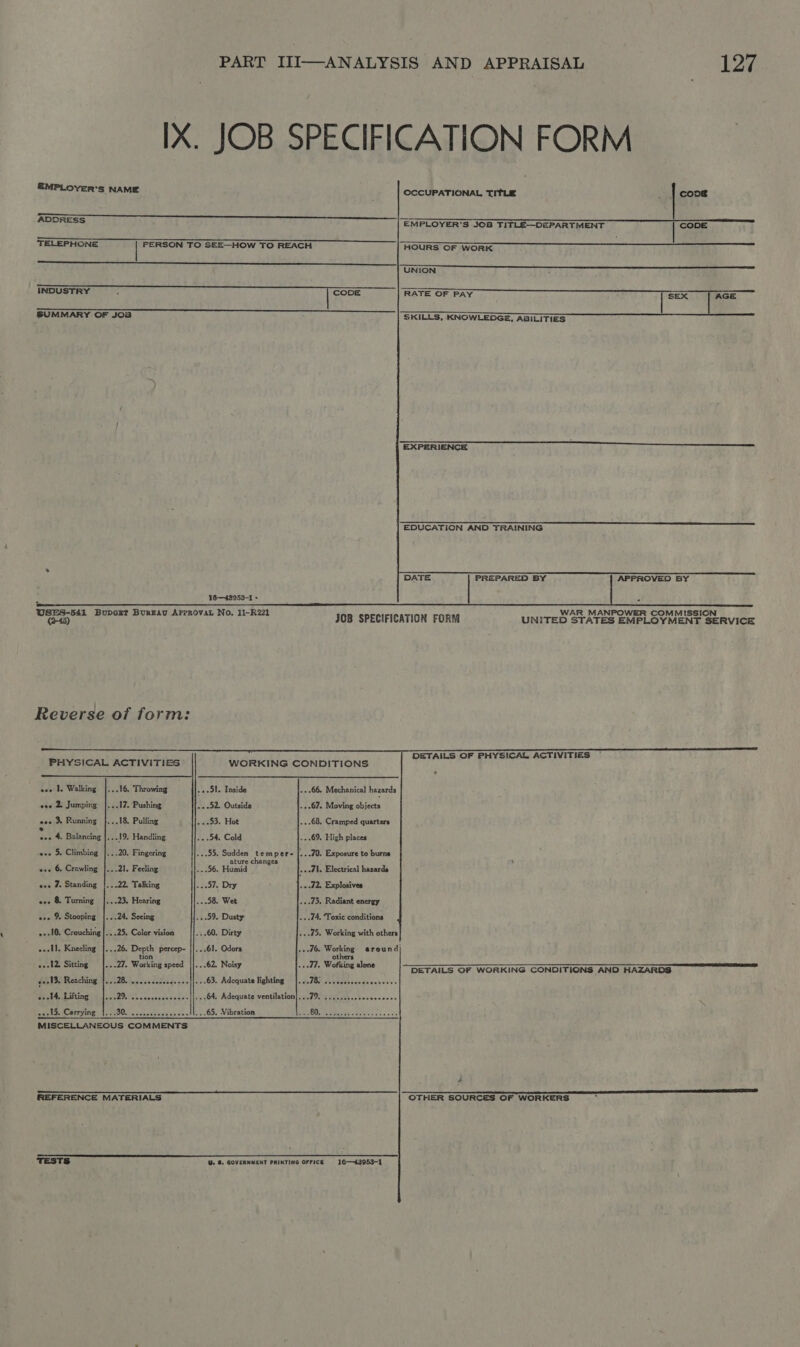 IX. JOB SPECIFICATION FORM         EMPLOYER'S NAME OCCUPATIONAL TITLE ; | coos ADDRESS EMPLOYER'S JOB TITLE—DEPARTMENT CODE TELEPHONE PERSON TO SEE—HOW TO REACH HOURS OF WORK  ————— a ED, UNION 4 OT ee RATE OF PAY | SEX AGE SKILLS, KNOWLEDGE, ABILITIES ven ee 2 ERs SER See BLS TEER Shes es SS Doe INDUSTRY . CODE gene SUMMARY OF JOB S68 EXPERIENCE nn EDUCATION AND TRAINING   PREPARED BY APPROVED BY          pee! 16—43952-1 + - Om des Re ke an JOB SPECIFICATION FORM UNITED STATES EMPLOYMENT SERVICE : } Reverse of form: i DETAILS OF PHYSICAL ACTIVITIES PHYSICAL ACTIVITIES WORKING CONDITIONS ooo 1. Walking |...16, Throwing +es51. Inside ...66, Mechanical hazards eve 2 Jumping |...17. Pushing ~..52, Outside -+-67. Moving Ata eos 3. Running }...18. Pulling .».53. Hot ...68, Cramped quarters ces 4 Balancing |:..19. Handling 115% Cola st GA Bigh psoas oss 5. Climbing |...20. Fingering ...55, Sudden temper- |...70. Exposure to burns e+e 6 Crawling |...21. Fecling fe, Hamad sf) Acc Pip tbial nened eos 2. Standing |...22. Talking -..57. Dry .+-72, Explosives eos 8 Turning |...23, Hearing .--58. Wet .».273. Radiant energy eee % Stooping |...24. Seeing ...59. Dusty ...74. ‘Toxic conditions «+10, Crouching |...25. Color vision . 60. Dirty 45. Working with others o+.I1. Knecling |...26, Depth percep- |]...61. Odors «2-76. Working around) tion others «+12. Sitting --27. Working speed |j...62, Noisy ...27. Working alone DETAILS OFIWORKING CONDITIONS ANDINAZARDS +13, Reaching |...28. ...ccccsseceess||...63. Adequate lighting |...78) ...cceceescscescess «+244, Lifting ..64. Adequate ventilation|,..79, .... Duboneats ws «+15, Carrying |, ...65. Vibration OK ae Oe eee, Ord rerrnrs MISCELLANEOUS COMMENTS 4 REFERENCE MATERIALS —~—~—~—~—~CS~*~“‘<“‘“‘S;SS!S!S!S!”!”!”!”™©™©™”... | THER SOURCES OF WORKERS en TESTS UW. 6. GOVERNMENT PRINTING OFFICR 16—43953-1