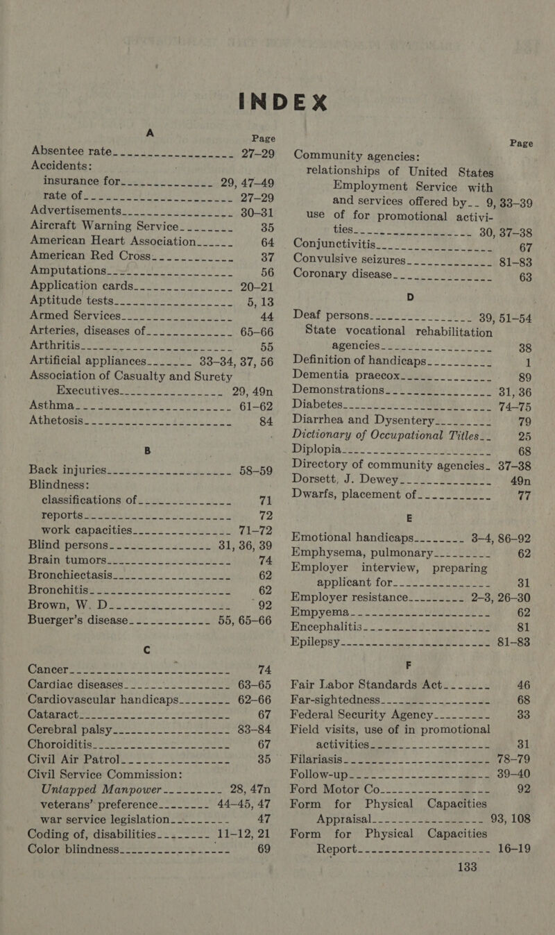 A Page Bienes patel fc Pea ae tne 27-29 Accidents: Sneuratica loro ion dk. 29, 47-49 C140 ER ans A SN 27-29 Advertisements_____._..._-.._.. 30-31 Aircraft Warning Service________ 35 American Heart Association______ 64 American Red Cross.-..__.___.. 37 Amputations. 2.0 i 56 BEDMCAION CArdsco lt 20-21 WERtAINCe tests ee ea Lp hs Armed Services___._-__._-___._. 44 Arteries, diseases of __.-.________ 65-66 [UN FTE Cea Sn ANSE RON Sil a 55 Artificial appliances_____ -. 33-34, 37, 56 Association of Casualty and Surety PMECUTAVEN Neck Se ee 29, 49n Win tere err eat ne 61-62 PPR ODORs cst e Ae 84 B 1p GEN Gi Ps 2 Eee Sn a RO ON 58-59 Blindness: Ghigeinoations Ofc isc lec.) 71 PRPON TSN e eS on ooh 72 work) capacities... o4 22 Saul eal 71-72 Pandy persons foe ek es 31, 36, 39 TOUTTUEMIOORS oe 9 uh oe 74 Heomcmectasiguc: ue oto wok 62 MBREOU LIne noe Lh nc eg Te 62 BaP TN Ven BD a ork ee 92 Buerger’s disease__.___------ 55, 65-66 Cc Acces St en Se ce 74 ardiac diseases 8 OC ees 63-65 Cardiovascular handicaps______-- 62-66 RPRETLC RCL sis ries or in 67 PaArenMrrnr Ala Yo UT oe aes 83-84 Cole R CF 11 Wiad rg baggage SEA AAG 67 Avi Aneer AeTOr... 2 tee 35 - Civil Service Commission: Untapped Manpower -_------- 28, 47n veterans’ preference__---_--- 44-45, 47 war service legislation. __------ 47 Coding of, disabilities__._---- 11-12, 21 Garoksiniiess a oes o oe coe 69 Page Community agencies: relationships of United States Employment Service with and services offered by__ 9, 33-39 use of for promotional activi- TSR Sens a nan: Ne. 30, 37-38 Gontunctivitia <7 57 mes. ae adh 67 Convulsive seizures_____________ 81-83 Coronary disease_____.__._____. 63 D Beat personsssoo 30h. es 39, 51-54 State vocational rehabilitation BMONCIeR A ak fe ae 38 Definition of handicaps__________ 1 Dementia praecox._...____-____ 89 Derhonstrations#2 ssa oe oe 31, 36 Diabetescn oe a a 74-75 Diarrhea and Dysentery_________ 79 Dictionary of Occupational Titles__ 25 Piplopia sit co et he aa a 68 Directory of community agencies_ 37-38 Dorsett; J. Dewey lc 2.0 25 Se 49n Dwarfs, placement of __..______- 77 E Emotional handicaps________ 3-4, 86-92 Emphysema, pulmonary__-______ 62 Employer interview, preparing BPDUCSHL TOR — tebe ey 31 Employer resistance___..____ 2-3, 26-30 Pimp yenis 20 Set CS aes aed 62 Encephalitis... eC 81 Mpilepsy 3-22 ee oa 81-83 F Fair Labor Standards Act_--__-- 46 Far-sightedness_-.2)2-....----.2 68 Federal Security Agency__------- 33 Field visits, use of in promotional BOULVibiecs Suro. ae 31 EDSrnsin Soom e yo A eS ee 78-79 Folleweutie ss. 4 4 tek Se 39-40 POrds Moor 02.22. aoe hee. ae 92 Form for Physical Capacities Bopraisal. 2 ols ee ae 93, 108 Form for Physical Capacities Report....--.-.-----2--.--- 16-19