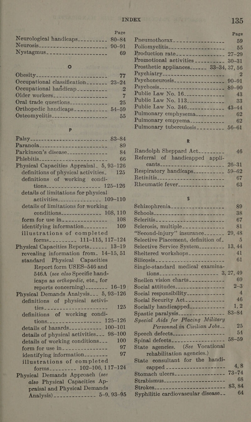 Page Neurological handicaps__________ 80-84 a BE ae yea ay” 90-91 OO] 1 aR Walp ge sea ee Fi 69 O eG Sse coo CLRID: 77 Occupational classification. ______ 23-24 Occupational handicap__________ 2 Wider workers? 10) feu! de a Y Oral trade questions____-_______- 25 Orthopedic handicaps__._______- 54-59 BMMOTNVONIS oo rae Dias 55 Pp Ne a kt a Ra ee §3-84 BepPAMOIG oes. 2k ee 89 Parkinson’s disease_____..___.--- 84 Phlebitiss 235 2. EE ihe. i Se 66 Physical Capacities Appraisal_ 5, 93-126 definitions of physical activities. 125 definitions of working condi- TODS As ee eee 125-126 details of limitations for physical BCtivibiessseuiiud Fe way 109-110 details of limitations for working CONOGUsONAL s Sool bated 108, 110 foriador use In. cs 108 identifying information____--_-- 109 illustrations of completed Periayie So ate 111-115, 117-124 Physical Capacities Reports- ----- 13-19 revealing information from_ 14-15, 51 standard Physical. Capacities Report form USES—546 and 546A (see also Specific hand- icaps as orthopedic, etc., for 5 reports concerning) _.------ 16-19 Physical Demands Analysis... 5, 93-126 definitions of physical activi- Cpa dy bo oa oe ee 125 definitions of working condi- iris oe. SD ohh 8 e t etree 125-126 details of hazards_-.-------- 100-101 details of physical activities... 98-100 details of working conditions... 100 Fomine Or se. 1. 2s ofS ee 97 identifying information_------- 97 illustrations of completed 102-106, 117-124 Physical Demands Approach (see also Physical Capacities Ap- praisal and Physical Demands 75 Ne 1 nt ae ea ae 5-9, 93-95 135 Page Pneumothorak: 2 Fees J 59 Poliomyelitiss:., i 52. 55 Mroduction rate t..i55 aes. 27-29 Promotional activities _.._.______ 30-31 Prosthetic appliances______ 33-34, 37, 56 Psychiatry. 22 oe 2 Psychoneurosis. ._. =. 2 90-91 Paychosis.—2 sa a 89-90 Public. Law ‘No:-16/45.__°..- 9a 43 Hubtic Law No. Tis meee soe 28 Public’ Law: No. 346t tie gece 43-44 Pulmonary emphysema__________ 62 Pulmonary empyema____________ 62 Pulmonary tuberculosis_________ 56-61 R Randolph Sheppard Act_________ 46 Referral of handicapped appli- CBN oe e oeee oe. e 26-31 Respiratory handicaps__________- 59-62 Retinitis i222 20 eee. oe 67 Rheumatic fever._-22 2223-2222 63 S mchizophirenia = i280) Jew Je 89 SCHOO 4 5. See dae a ee a 38 Scleritisi.. 6.2 = ee DU ak ae 67 Selerosis, raultiples vo sea ee 81 “Second-injury”’ insurance_-_-_-___- 29, 48 Selective Placement, definition of- 5 Selective Service System_______-- 13, 44 Sheltered workshops------------ 41 Silieosis. f).2 0.) oe Lee 61 Single-standard medical examina- 110Ne fee cas a ee 3, 27, 49 Snellen vision charts.....------- 69 Social attitudes 2222 coe Coe 2-3 Social responsibility___._.------- 4 Social Security Act 2eeoo-2 5 23 46 Socially handicapped__---------- 1;2 Spastic paralysis._2aa.- -- 222 - 83-84 Special Aids for Placing Military Personnel in Civilian Jobs_- 25 Speech defectasee..=+--.+-- 2222 54 Spinal defeetee.._..---32--- shee 58-59 State agencies. (See Vocational rehabilitation agencies.) State consultant for the handi- capped --.----------------- 40 Stomach ulcers: 22.4. ae 73-74 SEraDISMUB.c Go Soa ee ce 68 ERG KORE Ok oer ale 83, 84 Syphilitic cardiovascular disease - - 64