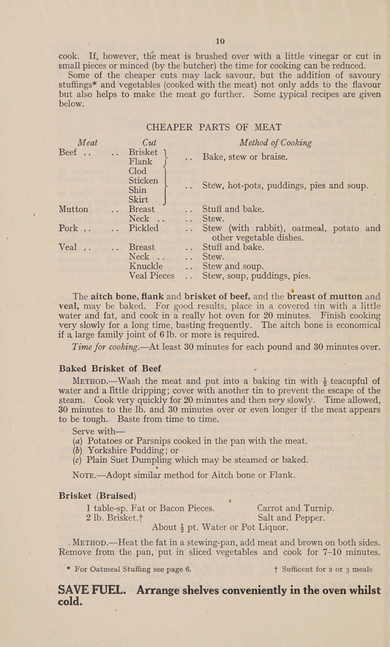 cook. If, however, the meat is brushed’ over with a little vinegar or cut in small pieces or minced (by the butcher) the time for cooking can be reduced. Some of the cheaper cuts may lack savour, but the addition of savoury stuffings* and vegetables (cooked with the meat) not only adds to the flavour but also helps to make the meat go further. Some typical recipes are given below. | CHEAPER PARTS OF MEAT Meat Cut Method of Cooking 1BISoe ee aE pe \ Bake, stew or braise. ank Clod as .. Stew, hot-pots, puddings, pies and soup. Skirt Niittona at aio breast .. Stuff and bake. ) Neéckss.. 2 PO Porky a asst ratetal .. Stew (with rabbit), oatmeal, potato and other vegetable dishes. VYealy =. sett HoLeast .. Stuff and bake. Neck... ee OLEW: Knuckle .. Stew and soup. Veal Pieces .. Stew, soup, puddings, pies. The aitch bone, flank and brisket of beef, and the br reast of mutton and veal, may be baked. For good results, place in a covered tin with a little water and fat, and cook in a really hot oven for 20 minutes. Finish cooking very slowly for a long time, basting frequently. The aitch bone is economical if a large family joint of 6 Ib. or more is required. Time for cooking.—At least 30 minutes for each pound and 30 minutes over. Baked Brisket of Beef - METHOD.—Wash the meat and put into a baking tin with } teacupful of water and a little dripping; cover with another tin to prevent the escape of the steam. Cook very quickly for 20 minutes and then very slowly. Time allowed, 30 minutes to the lb. and 30 minutes over or even longer if the meat appears to be tough. Baste from time to time. Serve with— (a) Potatoes or Parsnips cooked in the pan with the meat. (b) Yorkshire Pudding; or (c) Plain Suet Dumpling which may be steamed or baked. Note.—Adopt similar method for Aitch bone or Flank. Brisket (Braised) 1 table-sp. fat or Bacon Pieces. Carrot and Turnip. 2 lb. Brisket.t Salt and Pepper. About 4 pt. Water or Pot Liquor. . METHOD.—Heat the fat in a stewing-pan, add meat and brown on both sides. Remove from the pan, put in sliced vegetables and cook for 7-10 minutes. * For Oatmeal Stuffing see page 6. + Sufficent for 2 or 3 meals ae FUEL. Arrange shelves conveniently in the oven whilst cold.