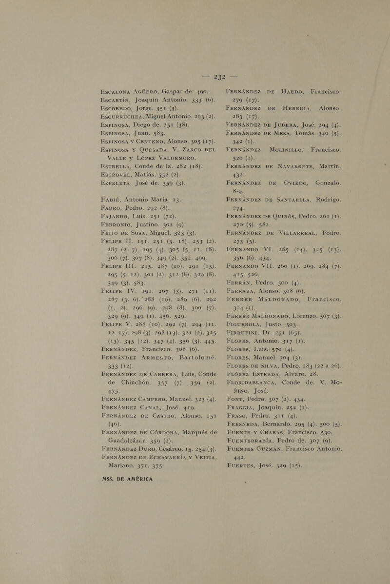 EsCcALONA AGUERO, Gaspar de. 490. EscarTÍN, Joaquín Antonio. 333 (6). EscoBEDO, Jorge. 351 (3). EsCcUuRrRRUCHEA, Miguel Antonio. 293 (2). EspPINOsa, Diego de. 251 (38). ESPINOSA, Juan. 583. ESPINOSA Y CENTENO, Alonso. 305 (17). ESPINOSA Y QUESADA. V. ZARCO DEL VALLE y LóPEz VALDEMORO. ESTRELLA, Conde de la. 282 (18). EsTROVEL, Matías. 552 (2). EZPELETA, José de. 359 (3). Fanré, Antonio María. 13. FABRO, Pedro. 292 (8). FAJARDO, Luis. 251 (72). FEBRONIO, Justino. 302 (9). FEIJO DE Sosa, Miguel. 323 (3). FELIPE UU. 555. 2511351916253. 112)- 9 ME (A DO A O e 306 (7). 307 (8). 349 (2). 352. 499. EEeriee IT 215.128 710208. (53): 295, (5. 12). 301 (2). 312:(8)0.320(8). 349 (3). 583. EELIPE IV LALOz, 120713) 2D IEA): 2878.56). 2889/ (10). 2289/00). 292 (1.102). 2000 (9): :208,113).1300: 13) 329 (9). 349 (1). 456. 529. FELIPE V. 288 (10). 292 (7). 294 (11. 12. 17)298 (3). 298:(13). 321% (2).-325 (13). 345 (12). 347 (4). 356 (3). 445- FERNÁNDEZ, Francisco. 308 (6). FERNÁNDEZ ÁRMESTO, 333 (12). FERNÁNDEZ DE CABRERA, Luis, Conde de. Chimchón:. 357171153500 12): 475- FERNÁNDEZ CAMPERO, Manuel. 323 (4). FERNÁNDEZ CANAL, José. 419. FERNÁNDEZ DE CASTRO, Alonso. 251 (40). FERNÁNDEZ DE CÓRDOBA, Marqués de Guadalcázar. 359 (2). FERNÁNDEZ Duro, Cesáreo. 15. 254 (3). FERNÁNDEZ DE ECHAVARRÍA Y VEITIA, Bartolomé. Mariano. 371. 375. MSS. DE AMÉRICA FERNÁNDEZ DE HareDo, Francisco. 279 (17). FERNÁNDEZ DE HEREDIA, Alonso. 233-115) FERNÁNDEZ DE JUBERA, José. 204 (4). FERNÁNDEZ DE Mesa, Tomás. 340 (5). 342 (1). FERNÁNDEZ 520 (1). FERNÁNDEZ DE NAVARRETE, Martín. 432. FERNÁNDEZ DE 8-9. FERNÁNDEZ DE SANTAELLa, Rodrigo. DAS FERNÁNDEZ DE QUIRÓS, Pedro. 261 (1). MoLiniLLo, Francisco. OvIEDO, Gonzalo. 270 (5). 582. FERNÁNDEZ DE VILLARREAL, Pedro. 273 (5). FERNANDO VI. 285 (14). 325 (13). 356 (6). 434. FERNANDO VII. 260 (1). 269. 284 (7). 415. 526. FERRÁN, Pedro. 500 (4). FERRARa, Alonso. 308 (6). FERRER MALDONADO, Francisco. 324 (1). FERRER MALDONADO, Lorenzo. 307 (3). FIGUEROLa, Justo. 503. FIRRUFINI, Dr. 251 (65). FLORES, Antonio. 317 (1). FLoreEs, Luis. 570 (4). FLORES, Manuel. 304 (3). FLORES DE SILVA, Pedro. 283 (22 a 26). FLÓREZ ESTRADA, Alvaro. 28. FLORIDABLANCA, Conde de. V. Mo- ÑINO, José. Font, Pedro. 307 (2). 434. FRaGGIa, Joaquín. 252 (1). Fraso, Pedro. 311 (4). FRESNEDA, Bernardo. 295 (4). 500 (5). FUENTE Y CHABAS, Francisco. 530. FUENTERRABÍA, Pedro de. 307 (9). Fuentes GUZMÁN, Francisco Antonio. 442. FUERTES, José. 329 (15).