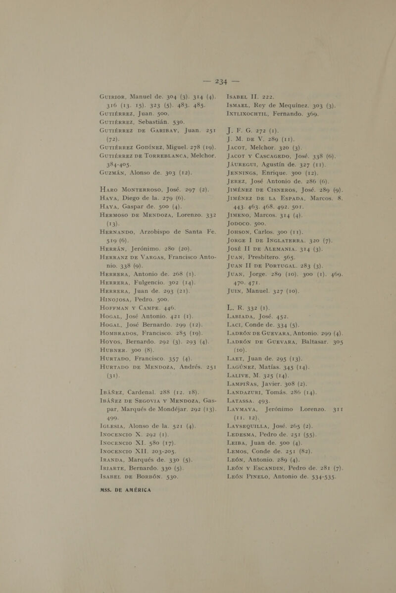 316 (13. 15). 323 (5). 483. 485. GUTIÉRREZ, Juan. 500. GUTIÉRREZ, Sebastián. 530. GUTIÉRREZ DE GARIBAY, Juan. 251 (72). GUTIÉRREZ GoDÍNEZz, Miguel. 278 (19). GUTIÉRREZ DE TORREBLANCA, Melchor. 384-405. Guzmán, Alonso de. 303 (12). Haro MONTERROSO, José. 297 (2). Haya, Diego de la. 279 (6). Haya, Gaspar de. 500 (4). HERMOSO DE MENDOZA, Lorenzo. 332 (13). HERNANDO, Arzobispo de Santa Fe. 519 (6). HERRÁN, Jerónimo. 280 (20). HERRANZ DE VARGAS, Francisco Anto- nio. 338 (9). HERRERA, Antonio de. 268 (1). HERRERA, Fulgencio. 302 (14). HERRERA, Juan de. 2093 (21). HixoJoOsa, Pedro. 500. HOFFMAN Y CAMPE. 446. HoGaL, José Antonio. 421 (1). HoGaL, José Bernardo. 299 (12). HOomBRaADOSs, Francisco. 285 (19). Hoyos, Bernardo. 292 (3). 293 (4). HUBNER. 300 (8). HURTADO, Francisco. 357 (4). HURTADO DE MENDOZA, Andrés. 251 (31). Ibáñez, Cardenal. 288 (12. 18). IBÁÑEZ DE SEGOVIA Y MENDOZA, Gas- par, Marqués de Mondéjar. 292 (13). 4099. IGLEsIa, Alonso de la. 521 (4). INOCENCIO X. 292 (1). Inocencio XI. 580 (17). InoceNcIO XII. 203-205. IRANDA, Marqués de. 330 (5). IRIARTE, Bernardo. 330 (5). ISABEL DE BORBÓN. 530. MSS. DE AMÉRICA IsMAEL, Rey de Mequínez. 303 (3). IXTLIXOCHTIL, Fernando. 369. Y: E. CR Ji MADEIA2807 (17): Jacor, Melchor. 320 (3). Jacor Y CASCAGEDO, José. 338 (6). JÁUREGUI, Agustín de. 327 (11). JENNINGS, Enrique. 300 (12). JEREZ, José Antonio de. 286 (6). JIMÉNEZ DE CISNEROS, José. 289 (9). JIMÉNEZ DE La EsPaDa, Marcos. $8. 443. 403. 408. 492. 501. Jimeno, Marcos. 314 (4). Joboco. 500. JoHsox, Carlos. 300 (11). LL JORGE I DE INGLATERRA. 320 (7). JosÉ 11 DE ALEMANIA. 314 (3). Juan, Presbítero. 565. Juan II DE PorTUGAL. 283 (3). JuAN, Jorge. 289 (10). 300 (1). 470. 471. Juin, Manuel. 327 (10). 409. UTE ISO LABIADA, José. 452. Laci, Conde de. 334 (5). LADRÓN DE GUEVARA, Antonio. 299 (4). LADRÓN DE GUEVARA, Baltasar. 305 (10). LaeEr, Juan de. 295 (13). LAGÚNEZ, Matías. 345 (14). LALIVE, M. 325 (14). LAmpPIÑAsS, Javier. 308 (2). LANDAZURI, Tomás. 286 (14). LATASSA. 493. LAYMAYA, (TL E) LAYSEQUILLA, José. 265 (2). LEDESMA, Pedro de. 251 (55). LEIBA, Juan de. 500 (4). Lemos, Conde de. 251 (82). Lrón, Antonio. 289 (4). LEóN Y ESscANDIN, Pedro de. 281 (7). León PINELO, Antonio de. 534-535. Jerónimo Lorenzo. 311