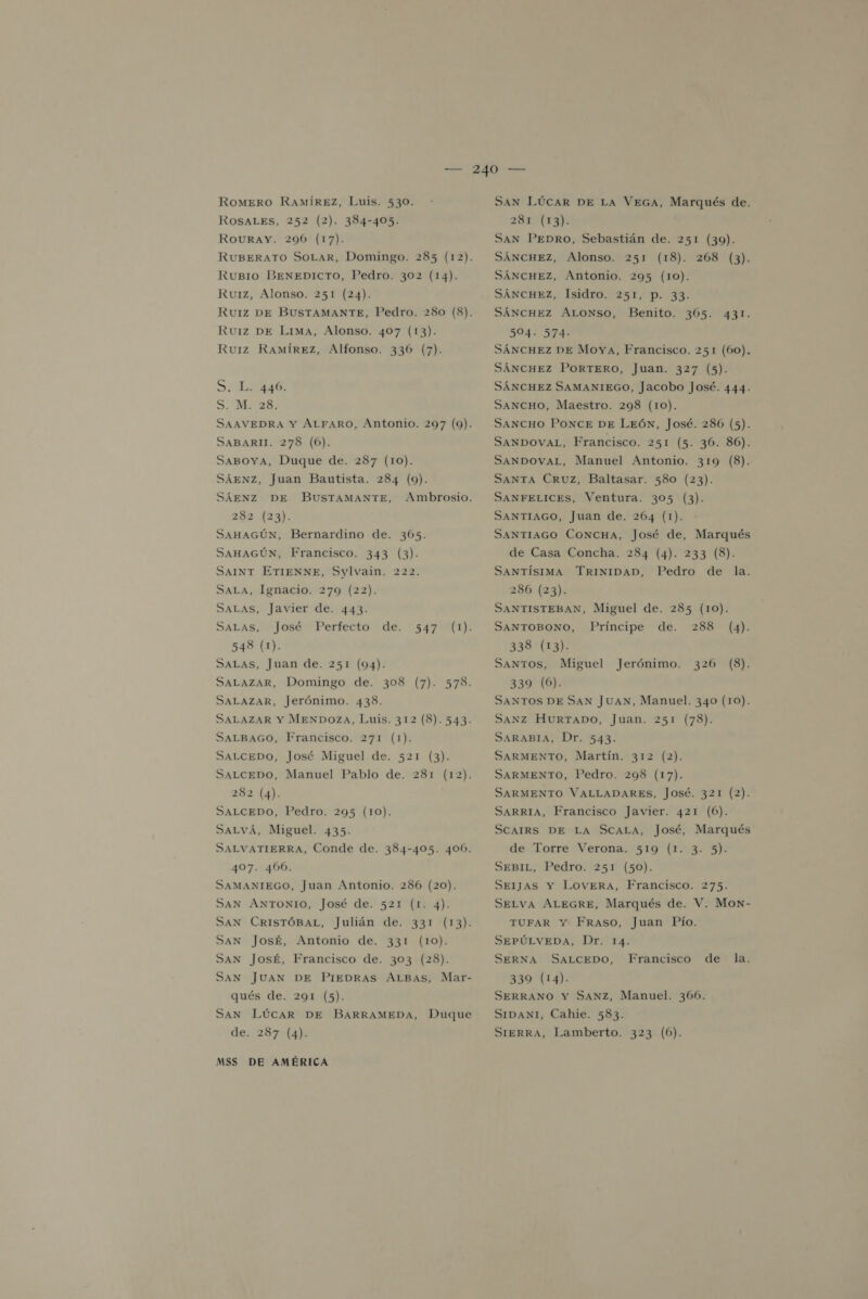 ROMERO RamíREZz, Luis. 530. ROSALES, 252 (2). 384-405. ROURAY. 296 (17). RUBERATO SOLAR, Domingo. 285 (12). Rubio BENEDICTO, Pedro. 302 (14). Ruiz, Alonso. 251 (24). Ruiz DE BUSTAMANTE, Pedro. 280 (8). Ruiz DE Lima, Alonso. 407 (13). Ruiz RaMíREz, Alfonso. 336 (7). S ALFIO MI”ZS: SAAVEDRA Y ALFARO, Antonio. 297 (9). SABARI. 278 (6). SABOYA, Duque de. 287 (10). SÁENZ, Juan Bautista. 284 (9). Ambrosio. 0 SÁENZ DE BUSTAMANTE, 282 (23). SAHAGÚN, Bernardino de. 36065. SAHAGÚN, Francisco. 343 (3). SAINT ETIENNE, Sylvain. 222. SaLa, Ignacio. 279 (22). SALAS, Javier de. 443. Satas, José Perfecto de. 547 (1). 548 (1). SALas, Juan de. 251 (094). SALAZAR, Domingo de. 308 (7). 578. SALAZAR, Jerónimo. 438. SALAZAR Y MENDOZA, Luis. 312 (8). 543. SALBAGO, Francisco. 271 (1). SALCEDO, José Miguel de. 521 (3). SALCEDO, Manuel Pablo de. 281 (12). 282 (4). SALCEDO, Pedro. 295 (10). SALVÁ, Miguel. 435. SALVATIERRA, Conde de. 384-405. 400. 407. 466. SAMANIEGO, Juan Antonio. 286 (20). SAN ANTONIO, José de. 521 (1. 4). SAN CRISTÓBAL, Julián de. 331 (13). SAN JosÉ, Antonio de. 331 (10). SAN JosÉ, Francisco de. 303 (28). SAN JUAN DE PIEDRAS ALBAS, Mar- qués de. 291 (5). San Lúcar DE BARRAMEDA, Duque MSS DE AMÉRICA San LÚCAR DE La VEGA, Marqués de. 281 (13N San PEDRO, Sebastián de. 251 (39). SÁNCHEZ, Alonso. 251 (18). 268 (3). SÁNCHEZ, Antonio. 295 (10). SÁNCHEZ, Isidro. 251, p. 33. SÁNCHEZ ALONSO, Benito. 365. 431. 504. 574- SÁNCHEZ DE MoYa, Francisco. 251 (60). SÁNCHEZ PORTERO, Juan. 327 (5). SÁNCHEZ SAMANIEGO, Jacobo José. 444. SANCHO, Maestro. 298 (10). SANCHO PONCE DE LrEÓN, José. 286 (5). SANDOVAL, Francisco. 251 (5. 36. 86). SANDOVAL, Manuel Antonio. 319 (8). SANTA Cruz, Baltasar. 580 (23). SANFELICES, Ventura. 305 (3). SANTIAGO, Juan de. 264 (1). SANTIAGO CONCHa, José de, Marqués de Casa Concha. 284 (4). 233 (8). SANTÍSIMA TRINIDAD, Pedro de la. 286 (23). SANTISTEBAN, Miguel de. 2835 (10). SANTOBONO, Príncipe de. 288 (4). 338 (13). SANTOS, Miguel Jerónimo. 326 (8). 339 (6). SANTOS DE SAN JUAN, Manuel. 340 (10). Sanz HURTADO, Juan. 251 (78). SARABIA, Dr. 543. SARMENTO, Martín. 312 (2). SARMENTO, Pedro. 298 (17). SARMENTO VALLADARES, José. 321 (2). SARRIA, Francisco Javier. 421 (6). SCAIRS DE LA ScALa, José, Marqués de Torre Verona. 519 (1. 3. 5). SEBIL, Pedro. 251 (50). SEIJAaSs Y LOvERaA, Francisco. 275. SELVA ALEGRE, Marqués de. V. Mon- TUFAR Y FRAso, Juan Pío. SEPÚLVEDA, Dr. 14. SERNA SALCEDO, Francisco de la. 330 (14). SERRANO Y SANZ, Manuel. 366. SIDANI, Cahie. 583.