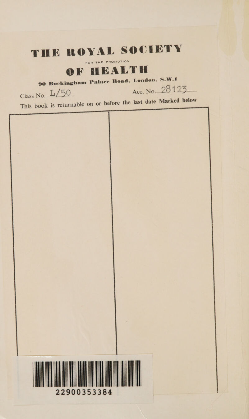 THE ROYAL SOCIETY FOR THE PROMOTION OF HEALTH 90 Buckingham Palace Road, Lond Class es Acc. No...... yeiz5 (aie last date Marked below on, &amp;.W.1 This book is returnable on or before the  HULU