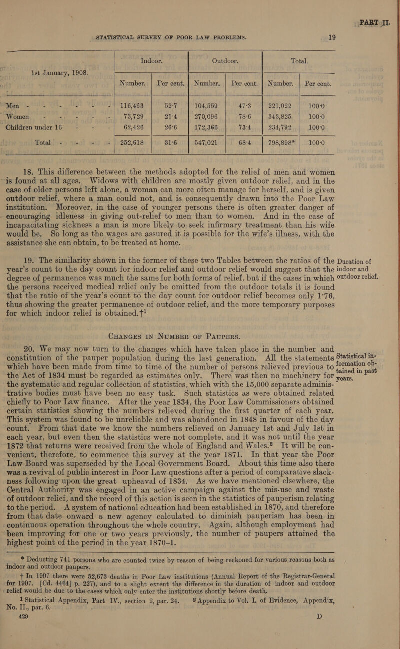 . PART. II. . STATISTICAL SURVEY OF POOR LAW PROBLEMS. _ 19        Indoor. Outdoor. Total. 1st January, 1908.  Number. Per cent. | Number. Per vent. | Number. Per cent.  ee | |e —__—______., Men - EAS. ahd oat by dod Whe Lo: 52-7 104,559 47°3 Lyle dpa 100-0 (OSS pie ieee hy oc eaetmns aeimeeen Namely es 61) 21-4 270,096 78-6 343,825 100-0 172,366 73-4 234,792 100-0 Children under 16 Z : : 62,426 26°6   Total - - - - | 252,618 547,021 68-4 798,898* 100-0 18. This difference between the methods adopted for the relief of men and women ~is found at all ages. Widows with children are mostly given outdoor relief, and in the ease of older persons left alone, a woman can more often manage for herself, and is given outdoor relief, where a man could not, and is consequently drawn into the Poor Law institution. Moreover, in the case of younger persons there is often greater danger of encouraging idleness in giving out-relief to men than to women. And in the case of incapacitating sickness a man is more likely to seek infirmary treatment than his wife would be. So long as the wages are assured it is possible for the wife’s illness, with the assistance she can obtain, to be treated at home. 19. The similarity shown in the former of these two Tables between the ratios of the Duration of year’s count to the day count for indoor relief and outdoor relief would suggest that the indoor and degree of permanence was much the same for both forms of relief, but if the cases in which °¥*door relief. the persons received medical relief only be omitted from the outdoor totals it is found that the ratio of the year’s count to the day count for outdoor relief becomes only 1°76, thus showing the greater permanence of outdoor relief, and the more temporary purposes for which indoor relief is obtained. t+ CHANGES IN NUMBER OF PAUPERS. 20. We may now turn to the changes which have taken place in the number and constitution of the pauper population during the last generation. All the statements Statistical in- which have been made from time to time of the number of persons relieved previous to pic ot vi the Act of 1834 must be regarded as estimates only. There was then no machinery for years, E the systematic and regular collection of statistics, which with the 15,000 separate adminis- trative bodies must have been no easy task. Such statistics as were obtained related chiefly to Poor Law finance. After the year 1834, the Poor Law Commissioners obtained certain statistics showing the numbers relieved during the first quarter of each year. This system was found to be unreliable and was abandoned in 1848 in favour of the day count. From that date we know the numbers relieved on January Ist and July Ist in each year, but even then the statistics were not complete, and it was not until the year 1872 that returns were received from the whole of England and Wales.? It will be con- venient, therefore, to commence this survey at the year 1871. In that year the Poor Law Board was superseded by the Local Government Board. About this time also there was a revival of public interest in Poor Law questions after a period of comparative slack- ness following upon the great upheaval of 1834. As we have mentioned elsewhere, the Central Authority was engaged in an active campaign against the mis-use and waste of outdoor relief, and the record of this action is seen in the statistics of pauperism relating to the period. A system of national education had been established in 1870, and therefore from that date onward a new agency calculated to diminish pauperism has been in continuous operation throughout the whole country. Again, although employment had ‘been improving for one or two years previously, the number of paupers attained the highest point of the period in the year 1870-1. indoor and outdoor paupers. t In 1907 there were 52,673 deaths in Poor Law institutions (Annual Report of the Registrar-General for 1907. [Cd. 4464] p. 227), and to a slight extent the difference in the duration of indoor and outdoor + relief would be due to the cases which only enter the institutions shortly before death. 1 Statistical Appendix, Part IV., section 2, par. 24. 2 Appendix to Vol. I. of Evidence, Appendix, 