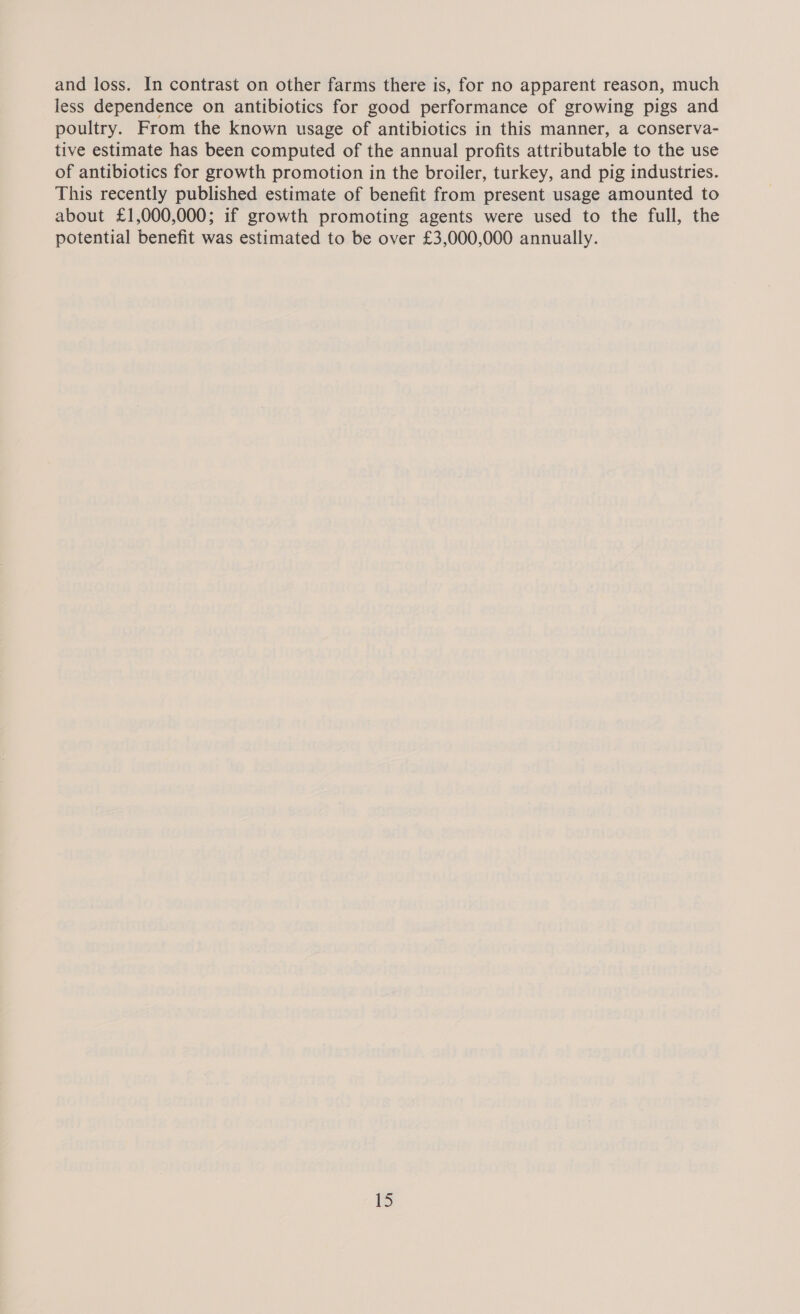 and loss. In contrast on other farms there is, for no apparent reason, much less dependence on antibiotics for good performance of growing pigs and poultry. From the known usage of antibiotics in this manner, a conserva- tive estimate has been computed of the annual profits attributable to the use of antibiotics for growth promotion in the broiler, turkey, and pig industries. This recently published estimate of benefit from present usage amounted to about £1,000,000; if growth promoting agents were used to the full, the potential benefit was estimated to be over £3,000,000 annually.