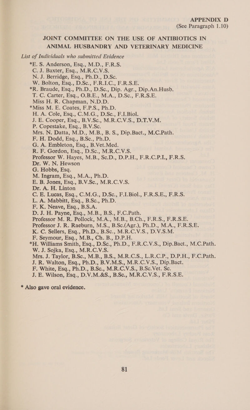 APPENDIX D (See Paragraph 1.10) JOINT COMMITTEE ON THE USE OF ANTIBIOTICS IN ANIMAL HUSBANDRY AND VETERINARY MEDICINE List of Individuals who submitted Evidence *E. S. Anderson, Esq., M.D., F.R.S. C. J. Baxter, Esq., M.R.C.V.S. N. J. Berridge, Esq., Ph.D., D.Sc. W. Bolton, Esq., D.Sc., F.R.LC., F.R.S.E. *R. Braude, Esq., Ph.D., D.Sc., Dip. Agr., Dip.An.Husb. T. C. Carter, Esq., O.B.E., M.A., D.Sc., F.R.S.E. Miss H. R. Chapman, N.D.D. *Miss M. E. Coates, F.P.S., Ph.D. H. A. Cole, Esq., C.M.G., D.Sc., F.I.Biol. J. E. Cooper, Esq., B.V.Sc., M.R.C.V.S., D.T.V.M. P. Copestake, Esq., B.V.Sc. Mrs. N. Datta, M.D., M.B., B. S., Dip.Bact., M.C.Path. F. H. Dodd, Esq., B.Sc., Ph.D. G. A. Embleton, Esq., B. Vet. Med. R. F. Gordon, Esq., D.Sc., M.R.C.V.S. Professor W. Hayes, M.B., Sc.D., D.P.H., F.R.C.P.I., F.R.S. Dr. W. N. Hewson G. Hobbs, Esq. M. Ingram, Esq., M.A., Ph.D. E. B. Jones, Esq., B.V.Sc., M.R.C.V.S. Dr. A. H. Linton C. E. Lucas, Esq., C.M.G., D.Sc., F.I.Biol., F.R.S.E., F.R.S. L. A. Mabbitt, Esq., B.Sc., Ph.D. F. K. Neave, Esq., B.S.A. D. J. H. Payne, Esq., M.B., B.S., F.C.Path. Professor M. R. Pollock, M.A., M.B., B.Ch., F.R.S., F.R.S.E. Professor J. R. Raeburn, M.S., B.Sc.(Agr.), Ph.D., M.A., F.R.S.E. K. C. Sellers, Esq., Ph.D., B.Sc., M.R.C.V.S., D.V.S.M. F. Seymour, Esq., M.B., Ch. B., D.P.H. *H. Williams Smith, Esq., D.Sc., Ph.D., F.R.C.V.S., Dip.Bact., M.C.Path. W. J. Sojka, Esq., M.R.C.V.S. Mrs. J. Taylor, B.Sc., M.B., B.S., M.R.C.S., L.R.C.P., D.P.H., F.C.Path. J. R. Walton, Esq., Ph.D., B.V.M.S., M.R.C.V.S., Dip.Bact. F. White, Esq., Ph.D., B.Sc., M.R.C.V.S., B.Sc. Vet. Sc. J. E. Wilson, Esq., D.V.M.&amp;S., B.Sc., M.R.C.V.S., F.R.S.E. * Also gave oral evidence.