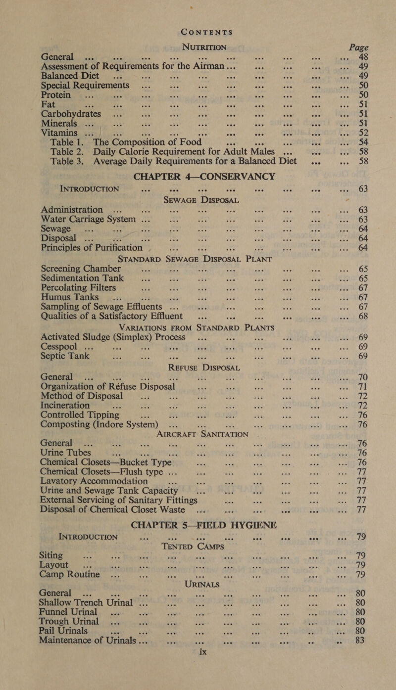 NUTRITION General ... i Assessment of Requirements for the Airman . ya Balanced Diet Ss ih e pk af! Special eaeroments Protein Fat Carbohydrates Minerals ... Vitamins ... oa Table 1. The Composition of Food _ ee Vie Table 2. Daily Calorie Requirement for Adult Males ahs ue Table 3. Average Daily Requirements for a Balanced Diet ... CHAPTER 4—CONSERVANCY INTRODUCTION ae my ase ses ee ee ie SEWAGE DISPOSAL Administration Ave be a fg Water Carriage 2 ic be: Sewage fe ty Disposal ... : Principles of Purification ; STANDARD Sica Rcpatk. pits Screening Chamber 4 Pe ae ne Sedimentation Tank Percolating Filters Humus Tanks wr Sampling of Sewage Effluents tf Qualities of a Satisfactory Effluent ed VARIATIONS FROM STANDARD piers Activated Sludge cages Process Cesspool ... ; Septic Tank aed sei ee DISPOSAL General ... _ x “a Organization of Réfuse Disposal. Method of Disposal Les Incineration a Controlled Tipping me Composting (Indore System) ae AIRCRAFT. SANITATION General bee ea wer Urine Tubes ' Chemical Closets—Bucket Type Chemical Closets—Flush type ... Lavatory Accommodation Urine and Sewage Tank Capacity External Servicing of Sanitary Fittings Disposal of Chemical Closet Waste CHAPTER 5—FIELD HYGIENE INTRODUCTION ee cee es ae ema dee pope TENTED CAMPS Siting Hiv bay a Layout Camp Routine “fe iy URINALS General ... os ane ; Shallow Trench Urinal hax Funnel Urinal... , Trough Urinal Pail Urinals ; ote Hye yes he ae ota u, Maintenance of Urinals ... wee a aM ae aes ay 1X