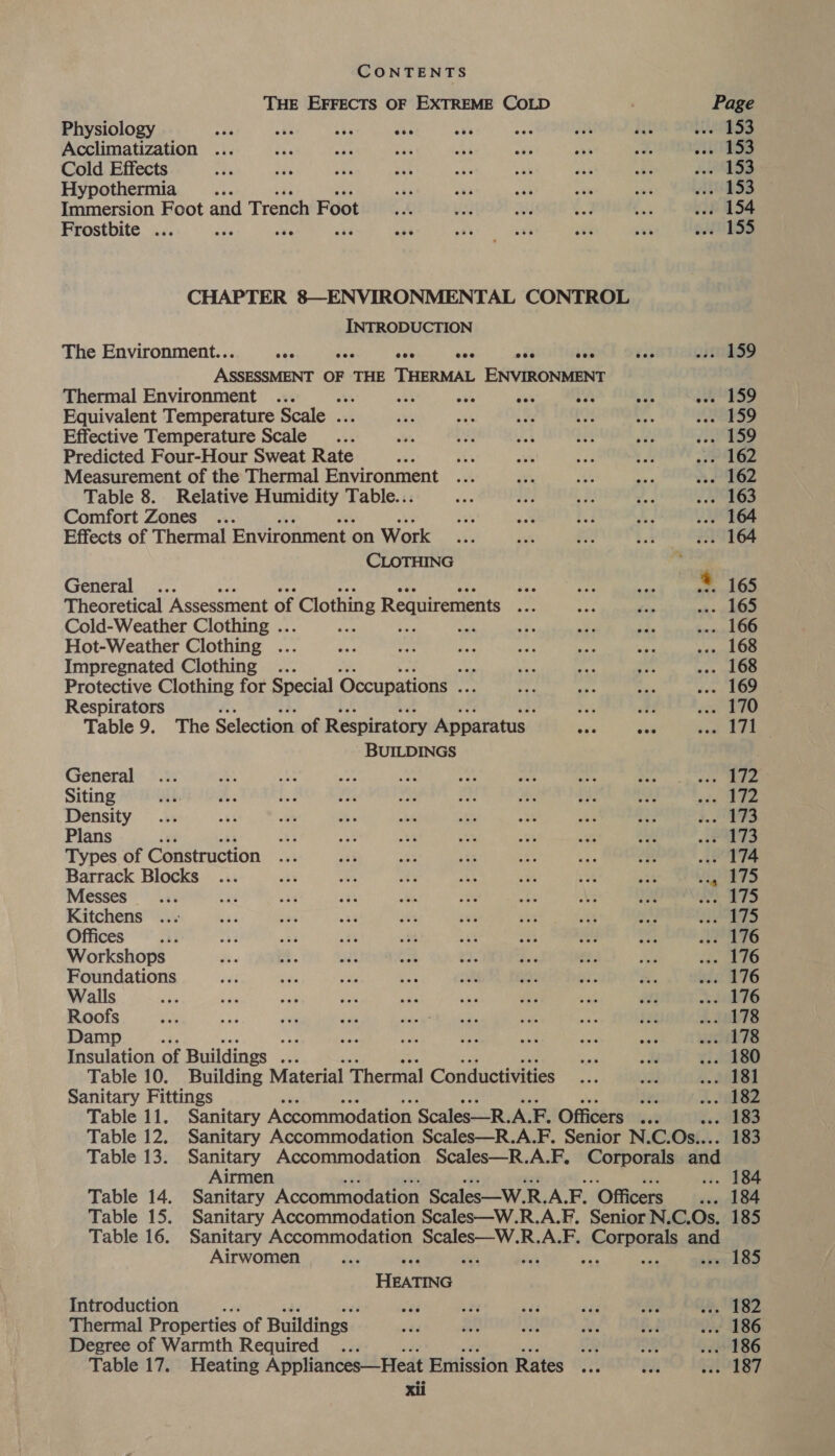 THE EFFECTS OF EXTREME COLD Page Physiology tds sue ESS Acclimatization ... sk RSS Cold Effects Paes bs | Hypothermia... ee ae Immersion Foot and Trench Foot ... 154 Frostbite ... As oui . 155 CHAPTER 8—ENVIRONMENTAL CONTROL INTRODUCTION The Environment.. eae Py ues otk vias inhg ye, OF THE THERE ENVIRONMENT Thermal Environment ... sea At 9s oat ee «-. 159 Equivalent Temperature Scale ... ES) eb Effective Temperature Scale os i. 159 Predicted Four-Hour Sweat Rate “ oe 162 Measurement of the Thermal Environment .-- 162 Table 8. Relative Humidity Table... . 163 Comfort Zones . ... 164 Effects of Thermal Environment on Work . 164 CLOTHING General... ca 165 Theoretical Assessment of ‘Clothing Requirements Hi ... 165 Cold-Weather Clothing .. Aka ... 166 Hot-Weather Clothing ... e+e, 408 Impregnated Clothing me ... 168 Protective Clothing for Special Occupations hy ... 169 Respirators coe AG Table 9. The Selection of Respiratory Apparatus Fae i 7 i BUILDINGS General . eee Siting ‘eo Noe Density .. 173 Plans IT3 Types of Construction .. 174 Barrack Blocks ees i P, Messes a FT5 Kitchens eS Offices... PATS Workshops iis TO Foundations ed 276 Walls dBT6 Roofs ... 178 Damp : Payers 2) Insulation of Buildings x ... 180 Table 10. Building Material Thermal Conductivities ... 181 Sanitary Fittings Se . 182 Table 11. Sanitary Accommodation ‘Scales—R. A. F. Officers va’ . 183 Table 12. Sanitary Accommodation Scales—R.A.F. Senior N.C. Os... 183 Table 13. Sanitary Accommodation Scales—R.A.F. peg arg. and Airmen . 184 Table 14. Sanitary Accommodation Scales—W. R. A. F, Officers sen ch oF Table 15. Sanitary Accommodation Scales—W.R.A.F. Senior N.C.Os. 185 Table 16. Sanitary Accommodation Scales—W.R.A.F. Corpo's and Airwomen ; 5 . 185 Hears Introduction Ce 4 Thermal Properties of Buildings ... 186 Degree of Warmth Required a ... 186 Table 17. Heating Appliances—Heat Emission Rates reas tf CONTENTS