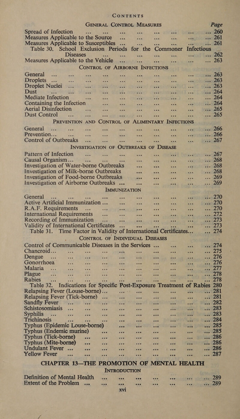 GENERAL CONTROL MEASURES Page Spread of Infection ; Recs oe = ah df Be ... 260 Measures Applicable to the Source a, ca sha oh, ae . 261 Measures Applicable to Susceptibles ... 261 Table 30. School Exclusion Periods for ‘the Commoner Infectious Diseases ie nen ie ae aa eke OR Measures Applicable to the Vehicle ane Ma ey on ie eS CONTROL OF AIRBORNE hence ; General... aes ne 13d ys mh ae itr «is 268 Droplets ... ey ap th ati i oe hs ove ... 263 Droplet Nuclei... Dy vs Lt ae aie 238 rus ..- 263 Dust a f ay hh a. ng: mt Sid ms ... 264 Mediate Infection vA ne eal arr A, ue AoA ... 264 Containing the Infection ne re ff sel af a .1.9264 Aerial Disinfection pas ue vas ee hae ine. a x5, 265 Dust Control Eb ae nas OD PREVENTION AND i a OF AUN ES Ieee General... pal pi isl ai aaa Aa Be -T ... 266 Prevention.. ie m3? es ae ae ioe le ... 266 Control of Outbreaks i ss wm 03 267 INVESTIGATION OF rae OF pe Pattern of Infection ti aay oe “i bes te bd weactzol Causal Organism... Sai lh ae is ... 268 Investigation of Water-borne Outbreaks A abs oe “me ... 268 Investigation of Milk-borne Outbreaks a4 a of ee pote Investigation of Food-borne Outbreaks er sok Bee 4 Me ... 269 Investigation of Airborne Outbreaks ... mu by A a te ... 269 IMMUNIZATION General ... ys 2h fe aN He at st.9270 Active Artificial Immunization .. wa te met mat Ae ka270 R.A.F. Requirements... me a Be e Kw ly pape International Requirements .... vay a “0 zm ie 5 ee Recording of Immunization... tae mee tes ap ep &lt;pama? Validity of International Certificates ... Racarehegn tT Table 31. Time Factor in Validity of International Certificates... res S| CONTROL OF INDIVIDUAL DISEASES Control of Communicable Diseases in the Services ... ii es nioei Chancroid... aed ay Bs wv wel any) eae iy? Pe ys? i) Dengue .... Ay ie’ Vid Be ‘Km bes le ee van eeke Gonorrhoea i Sd ole oe su ae are ngs ye Le Malaria... ma ae ny wee aA ay Be: Ys rye’ 4 Plasue”.). mi th ty a: o roth ie Jp Hepe F «' Rabies AC . 278 Table 32. Indications ‘for Specific Post-Exposure Treatment of Rabies 280 Relapsing Fever (Louse-borne)... Are ry Adi bert281 Relapsing Fever SeSeaue te ies uae bd vie “2 “0 ... 281 Sandfly Fever... ae ou art out er is we 282 Schistosomiasis ... pe alo ond su ay es at SS Syphilis... Ane ae ie ne Kit ae ree nk . 219283 Trichinosis bea sae sya hee jas wb wee 284 Typhus (Epidemic Louse-borne) Pat ¥ i it #4 a ES Typhus (Endemic murine) te 4 dec os se pe ii RASS Typhus (Tick-borne)... ae ok tte itd es a se 286 Typhus (Mite-borne) ... ies i ah, sas Jas wee ..- 286 Undulant Fever ... +60 hie oe ous ae pee me wee 286 Yellow Fever a ove OOT CHAPTER 13—THE PROMOTION OF MENTAL HEALTH INTRODUCTION Definition of Mental Health ... San 1e4 my de se ... 289 Extent of the Problem ... ies pe ae ae “ae bia ... 289