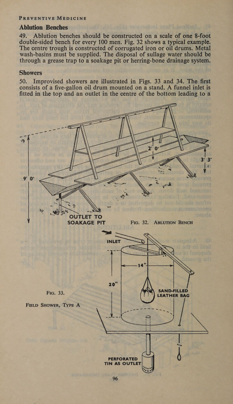 Ablution Benches 49. Ablution benches should be constructed on a scale of one 8-foot double-sided bench for every 100 men. Fig. 32 shows a typical example. The centre trough is constructed of corrugated iron or oil drums. Metal wash-basins must be supplied. The disposal of sullage water should be through a grease trap to a soakage pit or herring-bone drainage system. Showers 50. Improvised showers are illustrated in Figs. 33 and 34. The first consists of a five-gallon oil drum mounted on a stand. A funnel inlet is fitted in the top and an outlet in the centre of the bottom leading to a    ty = : : eS = * * OUTLET TO SOAKAGE PIT Fic. 32. ABLUTION BENCH ~=a5 Fic. 33. SAND-FILLED LEATHER BAG FIELD SHOWER, TYPE A ee en ~_ PERFORATED TIN AS OUTLET)