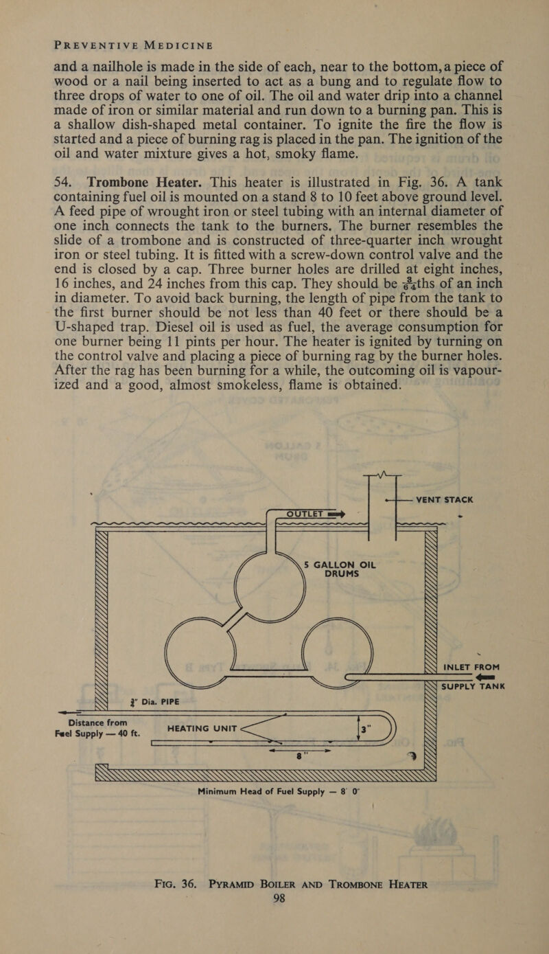 and a nailhole is made in the side of each, near to the bottom, a piece of wood or a nail being inserted to act as a bung and to regulate flow to three drops of water to one of oil. The oil and water drip into a channel made of iron or similar material and run down to a burning pan. This is a shallow dish-shaped metal container. To ignite the fire the flow is started and a piece of burning rag is placed in the pan. The ignition of the oil and water mixture gives a hot, smoky flame. | 54. Trombone Heater. This heater is illustrated in Fig. 36. A tank containing fuel oil is mounted on a stand 8 to 10 feet above ground level. A feed pipe of wrought iron or steel tubing with an internal diameter of one inch connects the tank to the burners. The burner resembles the slide of a trombone and is constructed of three-quarter inch wrought iron or steel tubing. It is fitted with a screw-down control valve and the end is closed by a cap. Three burner holes are drilled at eight inches, 16 inches, and 24 inches from this cap. They should be @iths of an inch in diameter. To avoid back burning, the length of pipe from the tank to the first burner should be not less than 40 feet or there should be a U-shaped trap. Diesel oil is used as fuel, the average consumption for one burner being 11 pints per hour. The heater is ignited by turning on the control valve and placing a piece of burning rag by the burner holes. After the rag has been burning for a while, the outcoming oil is vapour- ized and a good, almost smokeless, flame is obtained.    VENT STACK OUTLET =&gt; ~ eee) ee ES SAE Pe ee       N N N 5 GALLON OIL N N DRUMS N SN SN N N N N \ \ N N N N N NV INLET FROM \ eel \N SUPPLY TANK 4 N 2” Dia. PIPE \ oe eee) N N r aN N SSI AQAAAAIAN I Minimum Head of Fuel Supply — 8' 0’ Fic. 36. PyrRAMID BOILER AND TROMBONE HEATER