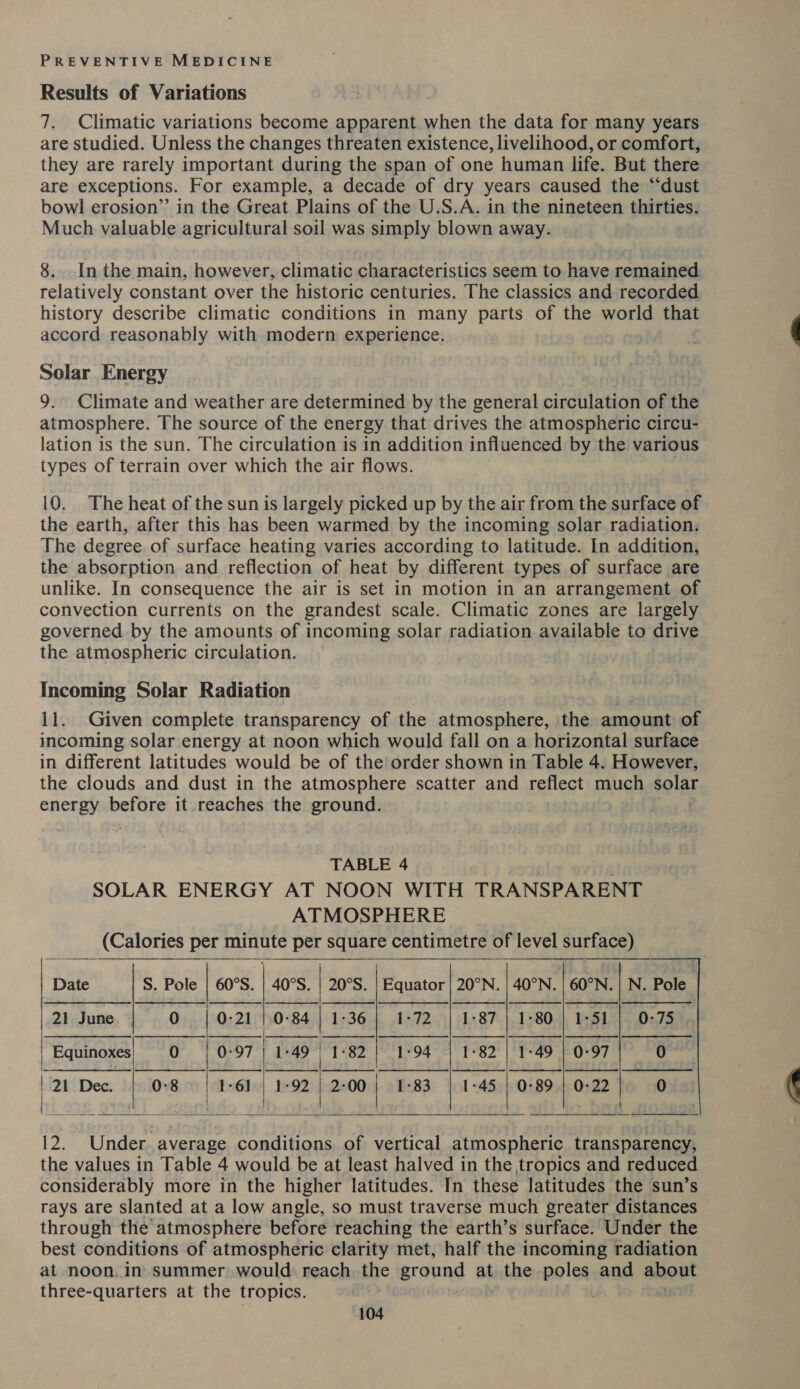 Results of Variations 7. Climatic variations become apparent when the data for many years are studied. Unless the changes threaten existence, livelihood, or comfort, they are rarely important during the span of one human life. But there are exceptions. For example, a decade of dry years caused the “dust bowl erosion’’ in the Great Plains of the U.S.A. in the nineteen thirties. Much valuable agricultural soil was simply blown away. 8. -In the main, however, climatic characteristics seem to have remained relatively constant over the historic centuries. The classics and recorded history describe climatic conditions in many parts of the world that accord reasonably with modern experience. Solar Energy 9. Climate and weather are determined by the general circulation of the atmosphere. The source of the energy that drives the atmospheric circu- lation is the sun. The circulation is in addition influenced by the various types of terrain over which the air flows. 10. The heat of the sun is largely picked up by the air from the surface of the earth, after this has been warmed by the incoming solar radiation. The degree of surface heating varies according to latitude. In addition, the absorption and reflection of heat by different types of surface are unlike. In consequence the air is set in motion in an arrangement of convection currents on the grandest scale. Climatic zones are largely governed by the amounts of incoming solar radiation available to drive the atmospheric circulation. Incoming Solar Radiation 11. .Given complete transparency of the atmosphere, the amount of incoming solar energy at noon which would fall on a horizontal surface in different latitudes would be of the order shown in Table 4. However, the clouds and dust in the atmosphere scatter and reflect much solar energy before it reaches the ground. TABLE 4 SOLAR ENERGY AT NOON WITH TRANSPARENT ATMOSPHERE (Calories per es per square centimetre of level surface)                        Date S. Pole | 60°S. | 40°S. cf eros Equator | 20°N. | 40°N. | 60°N. | N. Pole. /21 June. | pee meh “1-72 | 187 | 1-80 | 1-51 | 0-75.  Equinoxes Equinoxes) 1:49 | 1-82! 1:94 | 1-82 | 1-49 | 0-97 een [24 Dee. | 21 Dec. “oa ra 1-92 2-00 | 1-83 | 1-45 | 0-89 | 0:22 | 0   iz “Under, average conditions of vertical atmospheric transparency, the values in Table 4 would be at least halved in the tropics and reduced considerably more in the higher latitudes. In these latitudes the sun’s rays are slanted at a low angle, so must traverse much greater distances through the atmosphere before reaching the earth’s surface. Under the best conditions of atmospheric clarity met, half the incoming radiation at noon, in} summer would: reach the ground at the poles and about three-quarters at the tropics.