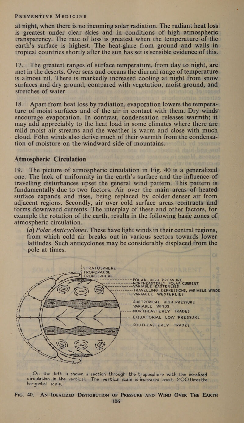 at night, when there is no incoming solar radiation. The radiant heat loss is greatest under clear skies and in conditions of high atmospheric transparency. The rate of loss is greatest when the temperature of the earth’s surface is highest. The heat-glare from ground and walls in tropical countries shortly after the sun has set is sensible evidence of this. 17. The greatest ranges of surface temperature, from day to night, are met in the deserts. Over seas and oceans the diurnal range of temperature is almost nil. There is markedly increased cooling at night from snow surfaces and dry ground, compared with vegetation, moist ground, and stretches of water. 18. Apart from heat loss by radiation, evaporation lowers the tempera- ture of moist surfaces and of the air in contact with them. Dry winds encourage evaporation. In contrast, condensation releases warmth; it may add appreciably to the heat load in some climates where there are mild moist air streams and the weather is warm and close with much - cloud. Féhn winds also derive much of their warmth from the condensa- tion of moisture on the windward side of mountains. Atmospheric Circulation 19. The picture of atmospheric circulation in Fig. 40 is a generalized one. The lack of uniformity in the earth’s surface and the influence of travelling disturbances upset the general wind pattern. This pattern is fundamentally due to two factors. Air over the main areas of heated surface expands and rises, being replaced by colder denser air from adjacent regions. Secondly, air over cold surface areas contracts and forms downward currents. The interplay of these and other factors, for example the rotation of the earth, results in the following basic zones of atmospheric circulation. (a) Polar Anticyclones. These have light winds in their central regions, from which cold air breaks out in various sectors towards lower latitudes. Such anticyclones may be considerably displaced from the pole at times. ) t STRATOSPHERE ee =5e5 TROPOPAUSE ae TROPOSPHERE SESH — - - mn -----=POLAR HIGH PRESSURE ae ees ere NORTHEASTERLY POLAR CURRENT fae ae VARIABLE EASTERLIES Soreenna--- TRAVELLING DEPRESSIONS, VARIABLE WINDS -------- VARIABLE WESTERLIES     SUBTROPICAL HIGH PRESSURE VARIABLE WINDS aie NORTHEASTERLY TRADES ---- EQUATORIAL LOW PRESSURE -~----SOUTHEASTERLY TRADES On the left is shown a section through the troposphere with the idealized circulation in the vertical. The vertical scale is increased about 2OO times the horizontal scale. Fic. 40. AN IDEALIZED DISTRIBUTION OF PRESSURE AND WIND OVER THE EARTH