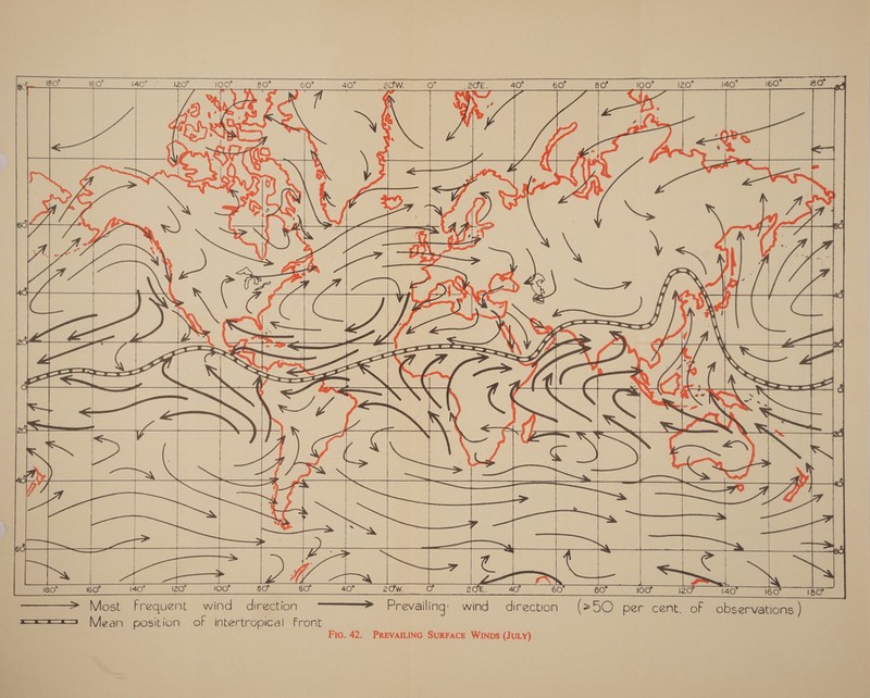            : eOes | ——— &gt; Most frequent wind direction ———&gt; Prevailing. wind direction (50 per cent. of observations ) Fic. 42. PREVAILING SURFACE WINDS (JULY)