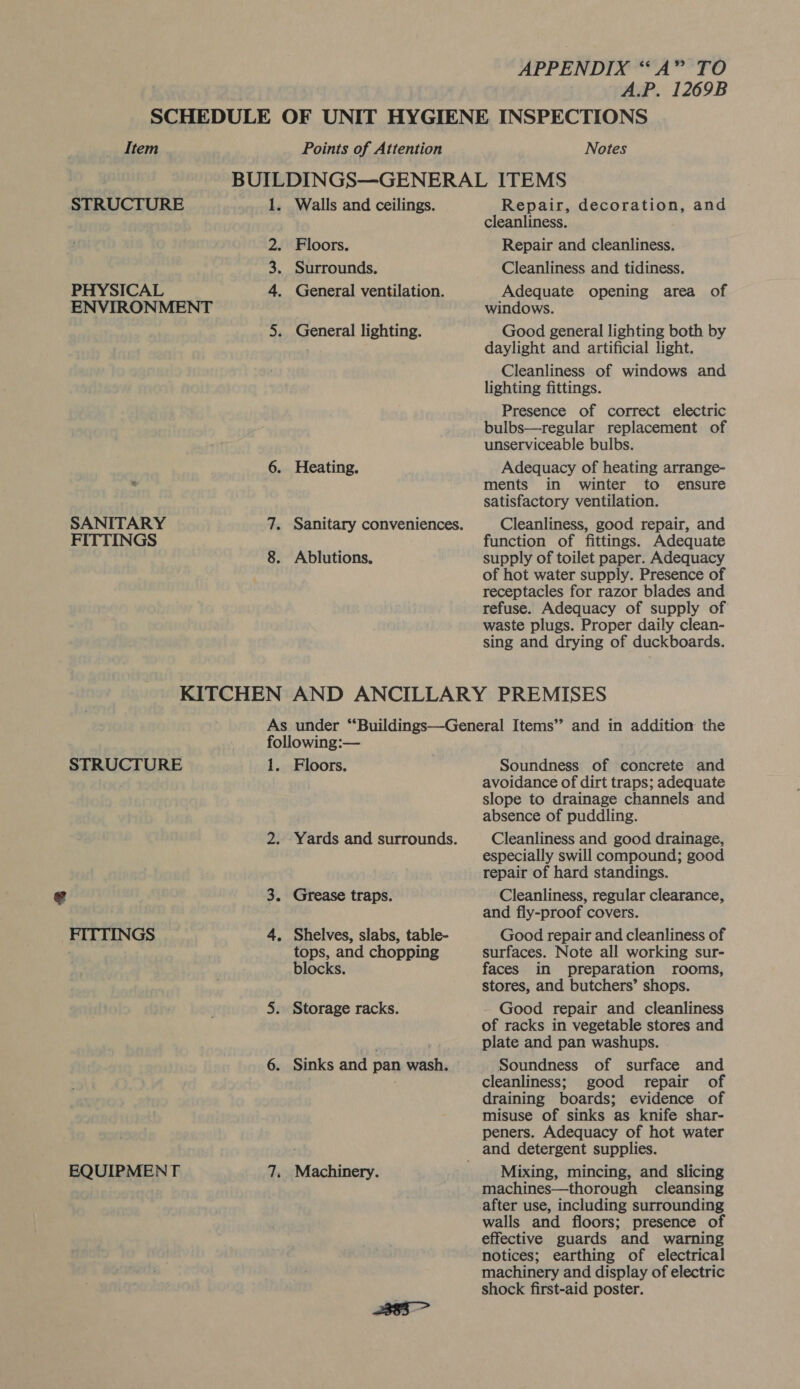 A.P. 1269B Item STRUCTURE PHYSICAL ENVIRONMENT SANITARY FITTINGS Points of Attention Notes 1. 2s 3. Walls and ceilings. Floors. Surrounds. General lighting. Heating. Sanitary conveniences. Ablutions, Repair, decoration, and cleanliness. Repair and cleanliness. Cleanliness and tidiness. Adequate opening area of windows. Good general lighting both by daylight and artificial light. Cleanliness of windows and lighting fittings. Presence of correct electric bulbs—regular replacement of unserviceable bulbs. Adequacy of heating arrange- ments in winter to ensure satisfactory ventilation. Cleanliness, good repair, and function of fittings. Adequate supply of toilet paper. Adequacy of hot water supply. Presence of receptacles for razor blades and refuse. Adequacy of supply of waste plugs. Proper daily clean- sing and drying of duckboards. STRUCTURE FITTINGS EQUIPMENT i 7. Floors. Yards and surrounds. Grease traps. Shelves, slabs, table- tops, and chopping blocks. Storage racks. Sinks and pan wash. Machinery. Soundness of concrete and avoidance of dirt traps; adequate slope to drainage channels and absence of puddling. Cleanliness and good drainage, especially swill compound; good repair of hard standings. Cleanliness, regular clearance, and fly-proof covers. Good repair and cleanliness of surfaces. Note all working sur- faces in preparation rooms, stores, and butchers’ shops. Good repair and cleanliness of racks in vegetable stores and plate and pan washups. Soundness of surface and cleanliness; good repair of draining boards; evidence of misuse of sinks as knife shar- peners. Adequacy of hot water Mixing, mincing, and slicing machines—thorough cleansing after use, including surrounding walls and floors; presence of effective guards and warning notices; earthing of electrical machinery and display of electric shock first-aid poster.