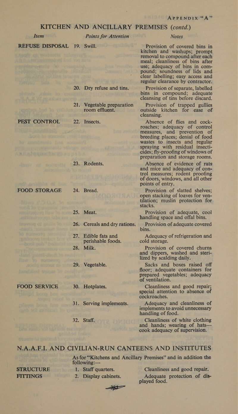 KITCHEN AND ANCILLARY PREMISES (contd.) Item Points for Attention Notes REFUSE DISPOSAL 19. Swill. Provision of covered bins in kitchen and washups; prompt removal to compound after each meal; cleanliness of bins after use; adequacy of bins in com- pound; soundness of lids and clear labelling; easy access and regular clearance by contractor. 20. Dry refuse and tins. Provision of separate, labelled bins in compound; adequate cleansing of tins before discard. 21. Vegetable preparation Provision of trapped gullies room effluent. outside kitchen for ease of cleansing. PEST CONTROL 22. Insects. Absence of flies and cock- roaches; adequacy of control measures, and prevention of breeding places; denial of food wastes to insects and regular spraying with residual insecti- cides; fly-proofing of windows of preparation and storage rooms. 23. Rodents. Absence of evidence of rats and mice and adequacy of con- trol measures; rodent proofing of doors, windows, and all other points of entry. FOOD STORAGE 24. Bread. Provision of slatted shelves; open stacking of loaves for ven- tilation; muslin protection for stacks. 25. Meat. Provision of adequate, cool handling space and offal bins. 26. Cereals and dry rations. | Provision of adequate covered bins. 27. Edible fats and Adequacy of refrigeration and perishable foods. cold storage. 28. Milk. Provision of covered churns and dippers, washed and steri- lized by scalding daily. 29. Vegetable. Sacks and boxes raised off floor; adequate containers for prepared vegetables; adequacy of ventilation. FOOD SERVICE 30. Hotplates. Cleanliness and good repair; special attention to absence of cockroaches. 31. Serving implements. Adequacy and cleanliness of implements to avoid unnecessary handling of food. 32. Staff. Cleanliness of white clothing and hands; wearing of hats— cook adequacy of supervision. N.A.A.F.I. AND CIVILIAN-RUN CANTEENS AND INSTITUTES As for “Kitchens and Ancillary Premises” and in addition the following:— STRUCTURE 1. Staff quarters. Cleanliness and good repair. FITTINGS 2. Display cabinets. Adequate protection of dis- played food. 3