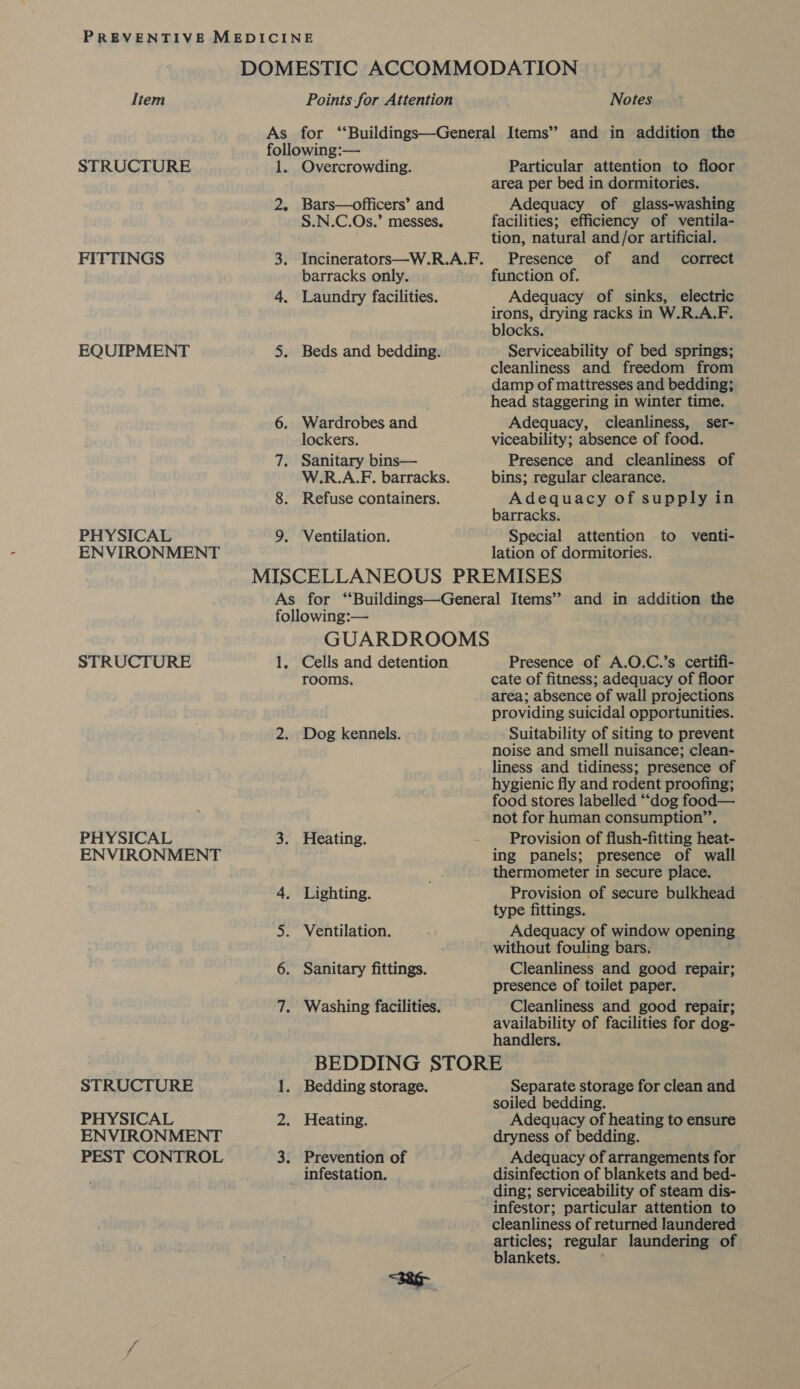 STRUCTURE FITTINGS EQUIPMENT PHYSICAL ENVIRONMENT STRUCTURE PHYSICAL ENVIRONMENT STRUCTURE PHYSICAL ENVIRONMENT PEST CONTROL 2. 8. a, Bars—officers’ and S.N.C.Os.’ messes. barracks only. Laundry facilities. Wardrobes and lockers. Sanitary bins— W.R.A.F. barracks. Refuse containers. Ventilation. Particular attention to floor area per bed in dormitories. Adequacy of glass-washing facilities; efficiency of ventila- tion, natural and/or artificial. Presence of and_ correct function of. Adequacy of sinks, electric irons, drying racks in W.R.A.F. blocks. Serviceability of bed springs; cleanliness and freedom from damp of mattresses and bedding; head staggering in winter time. Adequacy, cleanliness, ser- viceability; absence of food. Presence and cleanliness of bins; regular clearance. Adequacy of supply in barracks. Special attention to venti- lation of dormitories. 1; Cells and detention rooms. Dog kennels. Lighting. Ventilation. Sanitary fittings. Washing facilities. Presence of A.O.C.’s certifi- cate of fitness; adequacy of floor area; absence of wall projections providing suicidal opportunities. Suitability of siting to prevent noise and smell nuisance; clean- liness and tidiness; presence of hygienic fly and rodent proofing; food stores labelled ““dog food— not for human consumption’’. Provision of flush-fitting heat- ing panels; presence of wall thermometer in secure place. Provision of secure bulkhead type fittings. Adequacy of window opening without fouling bars. Cleanliness and good repair; presence of toilet paper. Cleanliness and good repair; availability of facilities for dog- handlers. Heating. Prevention of Separate storage for clean and soiled bedding. Adequacy of heating to ensure dryness of bedding. Adequacy of arrangements for disinfection of blankets and bed- ding; serviceability of steam dis- infestor; particular attention to cleanliness of returned laundered articles; regular laundering of blankets. '