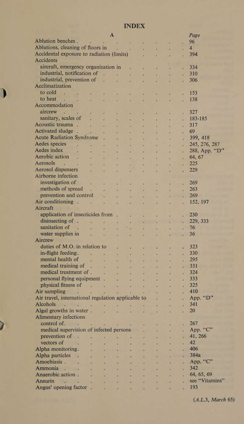 INDEX A Ablution benches . Ablutions, cleaning of fice in Accidental exposure to radiation anieye Accidents aircraft, emergency organization in industrial, notification of industrial, prevention of Acclimatization to cold to heat Accommodation aircrew : sanitary, scales of Acoustic trauma . Activated sludge . Acute Radiation Syndrome Aedes species Aedes index Aerobic action Aerosols : Aerosol dispensers Airborne infection investigation of methods of spread prevention and control Air conditioning . Aircraft application of insecticides from . disinsecting of . sanitation of water supplies in Aircrew duties of M.O. in relation to in-flight feeding. mental health of medical training of medical treatment of . personal flying equipment . physical fitness of Air sampling Air travel, international Teen gon Splice ve Alcohols : _ Algal growths in water . Alimentary infections control of. . medical supervision of inieateal persons prevention of vectors of Alpha monitoring. Alpha particles Amoebiasis . Ammonia Anaerobic action . Aneurin ; Angus’ opening factor : Page 96 4 394 334 310 306 153 138 327, 183-185 317 69 399, 418 245, 276, 287 288, App. “D” 64, 67 no 229 269 263 269 152, 197 230 22934533 76 36 323 330 295 331 324 333 325 410 App. “D” 341 20 267 Apps cr 41, 266 42 406 384a App. “C” 342 64, 65, 69 see “Vitamins” 193