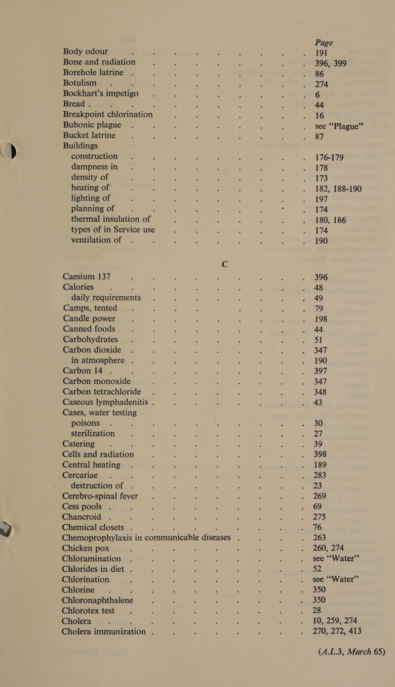 Body odour Bone and radiation Borehole latrine Botulism Bockhart’s impetigo Bread . . Breakpoint eiaration, Bubonic plague Bucket latrine Buildings construction dampness in density of heating of lighting of planning of thermal insulation of types of in Service use ventilation of Caesium 137 Calories daily peiements Camps, tented Candle power Canned foods Carbohydrates Carbon dioxide in atmosphere . Carbon 14 . Carbon monoxide Carbon tetrachloride Caseous lymphadenitis . Cases, water testing poisons sterilization Catering Cells and Pe distion Central heating Cercariae ; destruction of . Cerebro-spinal fever Chancroid Chemical closets . Chicken pox Chloramination Chlorides in diet . Chlorination Chlorine Ries naphthalene Chlorotex test Cholera : Cholera pmnation : Page 191 396, 399 86 274 6 44 16 see “Plague” 87 176-179 178 173 182, 188-190 197 174 180, 186 174 190 396 48 49 79 198 44 51 347 190 397 347 348 43 30 27 39 398 189 283 23 269 69 275 76 263 260, 274 see ““Water”’ 52 see ““Water’’ 350 350 28 10, 259, 274 270, 272, 413