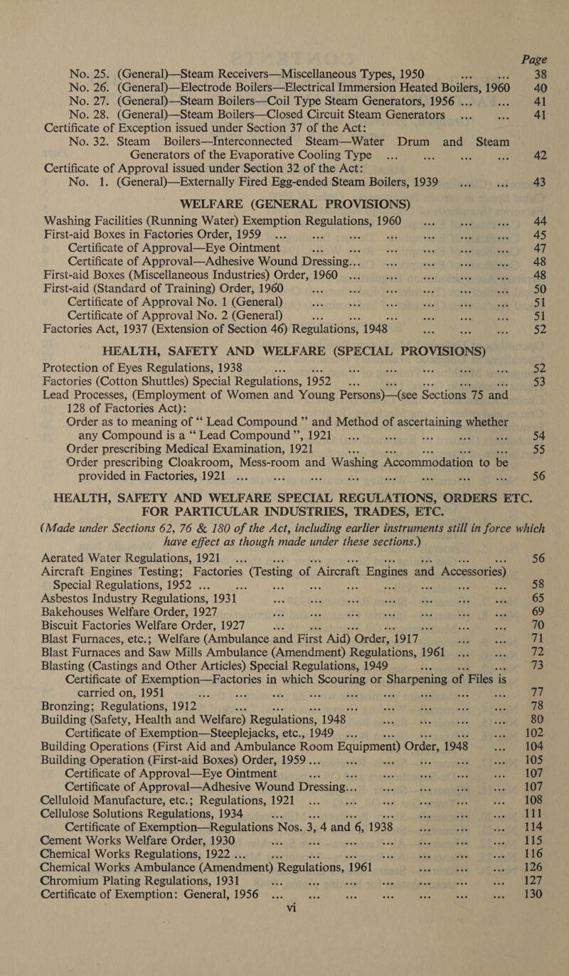 No. 25. (General)—Steam Receivers—Miscellaneous Types, 1950 No. 26. (General)—Electrode Boilers—Electrical Immersion Heated Boilers, 1960 No. 27. (General)—Steam Boilers—Coil Type Steam Generators, 1956 . : No. 28. (General)—Steam Boilers—Closed Circuit Steam Generators Certificate of Exception issued under Section 37 of the Act: No. 32. Steam Boilers—Interconnected Steam—-Water Drum and Steam Generators of the Evaporative Cooling Type Certificate of Approval issued under Section 32 of the Act: No. 1. (General)—Externally Fired Egg-ended Steam Boilers, 1939 WELFARE (GENERAL PROVISIONS) Washing Facilities (Running Water) Exemption ReeuaHonss 1960 First-aid Boxes in Factories Order, 1959... be om a Certificate of Approval—Eye Ointment : Certificate of Approval—Adhesive Wound Dressing... First-aid Boxes (Miscellaneous Industries) Order, 1960 First-aid (Standard of Training) Order, 1960 Certificate of Approval No. 1 (General) Certificate of Approval No. 2 (General) i Factories Act, 1937 (Extension of Section 46) Regulations) 1948 HEALTH, SAFETY AND WELFARE (SPECIAL PROVISIONS) Protection of Eyes Regulations, 1938  Factories (Cotton Shuttles) Special Regulations, 1952 ie Lead Processes, (Employment of Women and Young Persons) —(see Sections 75 and 128 of Factories Act): Order as to meaning of “‘ Lead Compound ” and Method of ascertaining whether any Compound is a “‘ Lead Compound ”’, 1921 Order prescribing Medical Examination, 1921 *y Order prescribing Cloakroom, Mess-room and Washing Accommodation to be provided in Factories, 1921 Page 38 40 41 41 42 43 44 45 47 48 48 50 51 51 52 52 ry) 54 23 56 FOR PARTICULAR INDUSTRIES, TRADES, ETC. have effect as though made under these sections.) Aerated Water Regulations, 1921 Aircraft Engines Testing; Factories (Testing on ‘Aircraft Engines and Accessories) Special Regulations, 1952 . bs ae fA MK fa vie ‘ Asbestos Industry Regulations, 1931 Bakehouses Welfare Order, 1927 Biscuit Factories Welfare Order, 1927 don Blast Furnaces, etc.; Welfare (Ambulance and First Aid) ‘Order, 1917 Blast Furnaces and Saw Mills Ambulance (Amendment) Regulations, 1961 Blasting (Castings and Other Articles) Special Regulations, 1949 Certificate of Exemption—Factories in which Scouring or Sharpening of Files i is carried on, 1951 : af is Lig oat bik ids me Bronzing; Regulations, 1912 ; Building (Safety, Health and Welfare) Regulations, 1948 Certificate of Exemption—Steeplejacks, etc., 1949 ... : Building Operations (First Aid and Ambulance Room Equipment Order, 1948 Building Operation (First-aid Boxes) Order, 1959.. oe , Certificate of Approval—Eye Ointment y Certificate of Approval—Adhesive Wound Dressing... Celluloid Manufacture, etc.; Regulations, 1921 . Cellulose Solutions Regulations, 1934 tes Certificate of Exemption—Regulations Nos. 2: ‘4 and 6 1938 Cement Works Welfare Order, 1930 on Ki mt Chemical Works Regulations, 1922 . - Chemical Works Ambulance (Amendment) Regulations, 1 1961 Chromium Plating Regulations, 1931 Certificate of Exemption: General, 1956 107 107 108 111 114 115 116 126 127 130