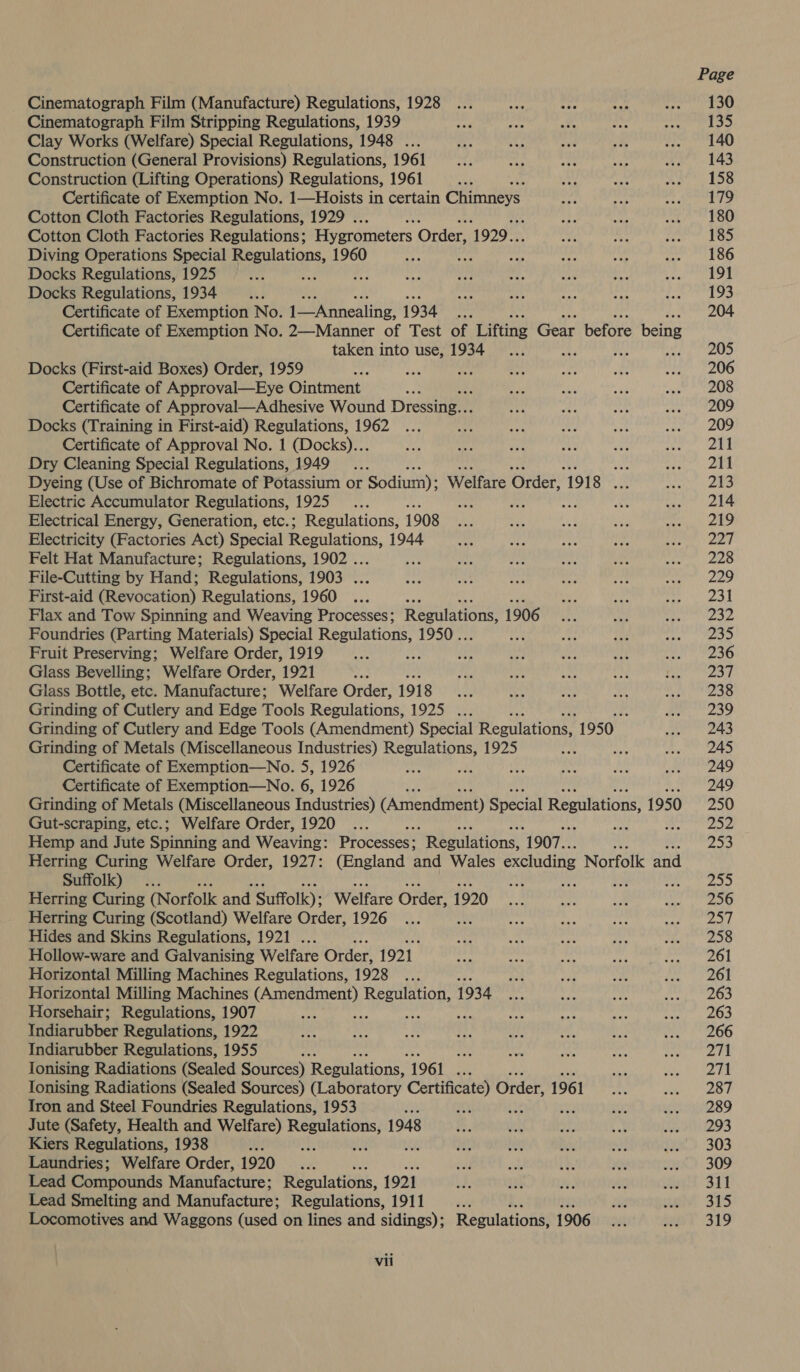 Cinematograph Film (Manufacture) Regulations, 1928 Cinematograph Film Stripping Regulations, 1939 Clay Works (Welfare) Special Regulations, 1948 ... Construction (General Provisions) Regulations, 1961 Construction (Lifting Operations) Regulations, 1961 Certificate of Exemption No. 1—Hoists in certain Chimneys Cotton Cloth Factories Regulations, 1929 . a Cotton Cloth Factories Regulations; Hygrometers Order, 1929... Diving Operations Special ts pata 1960 apy v5 Docks Regulations, 1925 : Docks Regulations, 1934 nt Certificate of Exemption No. 1—Annealing, 1934 re Certificate of Exemption No. 2—Manner of Test of Lifting Gear before being taken into use, 1934 f ; a Docks (First-aid Boxes) Order, 1959 4 Certificate of Approval—Eye Ointment 8, Certificate of Approval—Adhesive Wound Dressing... Docks (Training in First-aid) Regulations, 1962 Certificate of Approval No. 1 (Docks)... Dry Cleaning Special Regulations, 1949 __.... se Dyeing (Use of Bichromate of Potassium or Sodium): Welfare Order, 1918 e: Electric Accumulator Regulations, 1925. ae e reg Electrical Energy, Generation, etc.; Regulations, 1908 Electricity (Factories Act) Special Regulations, 1944 Felt Hat Manufacture; Regulations, 1902 ... File-Cutting by Hand; Regulations, 1903 ... First-aid (Revocation) Regulations, 1960 ... Flax and Tow Spinning and Weaving Processes; Regulations, 1906 Foundries (Parting Materials) Special Regulations, 1950 .. Fruit Preserving; Welfare Order, 1919 ... a Glass Bevelling; Welfare Order, 1921 he Glass Bottle, etc. Manufacture; Welfare Order, 1918 Grinding of Cutlery and Edge Tools Regulations, 1925 ... Grinding of Cutlery and Edge Tools (Amendment) Special Regulations, 1950 Grinding of Metals (Miscellaneous Industries) haa ct 1925 ha Certificate of Exemption—No. 5, 1926 4 : at Certificate of Exemption—No. 6, 1926 Grinding of Metals (Miscellaneous Industries) (Amendment) Special Regulations, 1950 Gut-scraping, etc.; Welfare Order, 1920 ... Hemp and Jute Spinning and Weaving: Processes:  Regulations, 1907. Herring Curing Welfare Order, 1927: (England and Wales excluding Norfolk and Suffolk) igh ne Herring Curing (Norfolk and Suffolk); Welfare Order, 1920 Herring Curing (Scotland) Welfare Order, 1926 : Hides and Skins Regulations, 1921 . Hollow-ware and Galvanising Welfare Order, 1921. Horizontal Milling Machines Regulations, 1928 ... Horizontal Milling Machines Sagi re Hares 1934 Horsehair; Regulations, 1907 Indiarubber Regulations, 1922 Indiarubber Regulations, 1955 i Ionising Radiations (Sealed Sources) Regulations, 1961 on Ionising Radiations (Sealed Sources) (Laboratory weg yn Order, 1961 Iron and Steel Foundries Regulations, 1953 a ! f Jute (Safety, Health and Welfare) a til 1948 Kiers Regulations, 1938 ies , Laundries; Welfare Order, 1920... Lead Compounds Manufacture; Regulations, 1921 Lead Smelting and Manufacture: Regulations, 1911 er Locomotives and Waggons (used on lines and sidings); Regulations, 1906