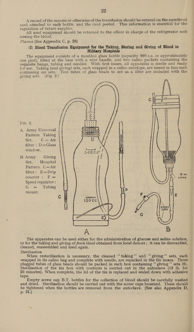 A record of the success or otherwise of the transfusion should be entered on the numbered card attached to each bottle, and the card posted. This information is essential for the regulation of future supplies. All used equipment should be returned to the officer in charge of the refrigerator unit issuing the blood. Plasma (See Appendix C, p. 28) (2) Blood Transfusion Equipment for the Taking, Storing and Giving of Blood in Military Hospitals The equipment consists of a moulded glass bottle (capacity 560 c.c. or approximately one pint), fitted at the base with a wire handle, and two calico packets containing the requisite bungs, tubing and needles. With first issues, all apparatus is sterile and ready for use. Taking (and giving) sets, each wrapped in a calico envelope, are issued in tins each containing six sets. Test tubes of glass beads to act as a filter are included with the giving sets. (Fig. 2.) REG. 2) A. Army Universal Pattern Taking Set. C-=,Air filter : D=Glass window. B. Army Giving Set, Hospital Pattern. C= Air filters) i= Drip counter: F = Speed regulator : Go tubing mount.  The apparatus can be used either for the administration of glucose and saline solution, or for the taking and giving of fresh blood obtained from local donors ; it can be dismantled, cleaned, reassembled and used again. . Sterilisation When resterilisation is necessary, the cleaned “taking’’ and “ giving’’ sets, each wrapped in its calico bag and complete with needle, are repacked in the tin boxes. Three plugged tubes of glass beads should be packed in each box containing ‘‘ giving ’’ sets (6). Sterilisation of the tin box with contents is carried out in the autoclave (15 lb. for si minutes). When complete, the lid of the tin is replaced and sealed down with adhesive ape. Empty screw cap B.T. bottles for the collection of blood should be carefully washed and dried. Sterilisation should be carried out with the screw caps loosened. These should be Nm aa when the bottles are removed from the autoclave. (See also Appendix D, p. 31.