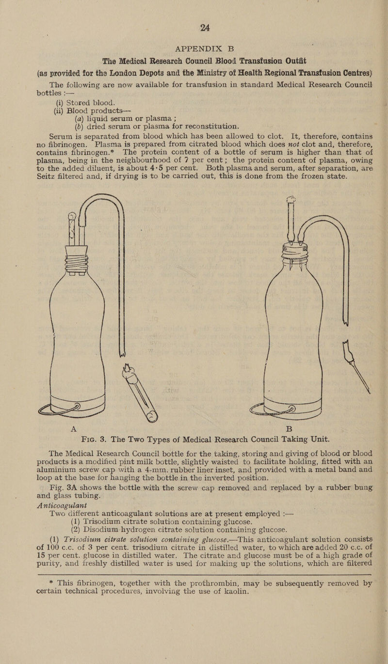 APPENDIX B The Medical Research Council Blood Transfusion Outfit (as provided for the London Depots and the Ministry of Health Regional Transfusion Centres) The following are now available for transfusion in standard Medical Research Council bottles :— (i) Stored blood. (ii) Blood products— (a) liquid serum or plasma ; (5) dried serum or plasma for reconstitution. Serum is separated from blood which has been allowed to clot. It, therefore, contains no fibrinogen. Plasma is prepared from citrated blood which does not clot and, therefore, contains fibrinogen.* The protein content of a bottle of serum is higher than that of plasma, being in the neighbourhood of 7 per cent; the protein content of plasma, owing to the added diluent, is about 4-5 per cent. Both plasma and serum, after separation, are Seitz filtered and, if drying is to be carried out, this is done from the frozen state.  The Medical Research Council bottle for the taking, storing and giving of blocd or blood products is a modified pint milk bottle, slightly waisted to facilitate holding, fitted with an aluminium screw cap with a 4-mm. rubber liner inset, and provided with a metal band and loop at the base for hanging the bottle in the inverted position. Fig. 3A shows the bottle with the screw cap removed and replaced by a rubber bung and glass tubing. Anticoagulant Two different anticoagulant solutions are at present employed :— (1) Trisodium citrate solution containing glucose. (2) Disodium hydrogen citrate solution containing glucose. (1) Zvisodium citrate solution containing glucose.—This anticoagulant solution consists of 100 c.c. of 3 per cent. trisodium citrate in distilled water, to which are added 20 c.c. of 15 per cent. glucose in distilled water. The citrate and glucose must be of a high grade of purity, and freshly distilled water is used for making up the solutions, which are filtered * This fibrinogen, together with the prothrombin, may be subsequently removed by certain technical procedures, involving the use of kaolin.