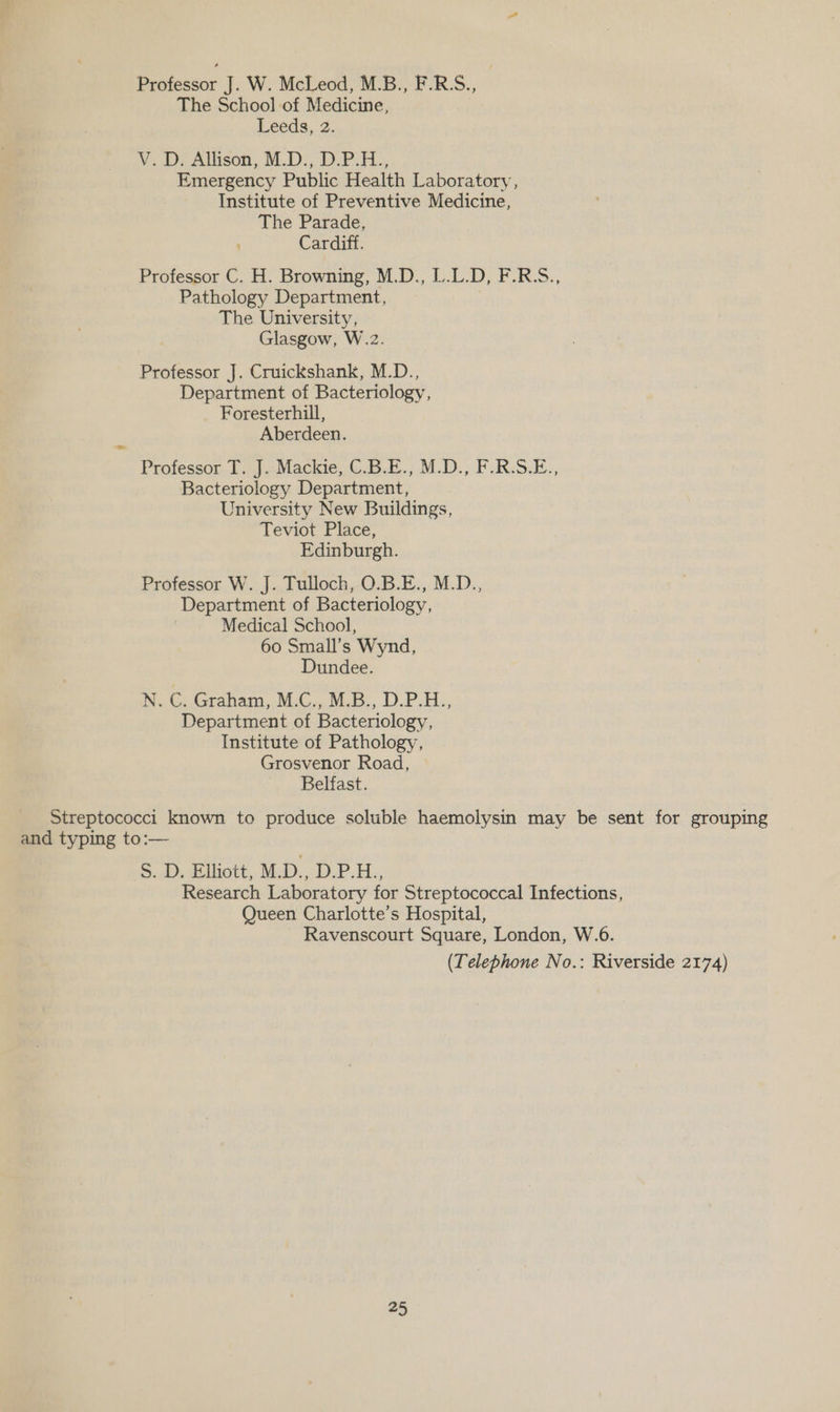 Professor J. W. McLeod, M.B., F.R.S., | The School of Medicine, Leeds, 2. V. D. Allison, M.D., D.P.H., Emergency Public Health Laboratory, Institute of Preventive Medicine, The Parade, Cardiff. Professor C. H. Browning, M.D., L.L.D, F.R.S., Pathology Department, The University, Glasgow, W.z. Professor J. Cruickshank, M.D., Department of Bacteriology, Foresterhill, Aberdeen. Professor T. J. Mackie, C.B.E., M.D., F.R.S.E., Bacteriology Department, University New Buildings, Teviot Place, Edinburgh. Professor W. J. Tulloch, O.B.E., M.D., Department of Bacteriology, Medical School, 60 Small’s Wynd, Dundee. N.C. Graham, MLC... MB. D.P.H., Department of Bacteriology, Institute of Pathology, Grosvenor Road, Belfast. Streptococci known to produce soluble haemolysin may be sent for grouping and typing to:— 5.0). atlhott,, M:D., .D.P.H., Research Laboratory for Streptococcal Infections, Queen Charlotte's Hospital, Ravenscourt Square, London, W.6. (Telephone No.: Riverside 2174)