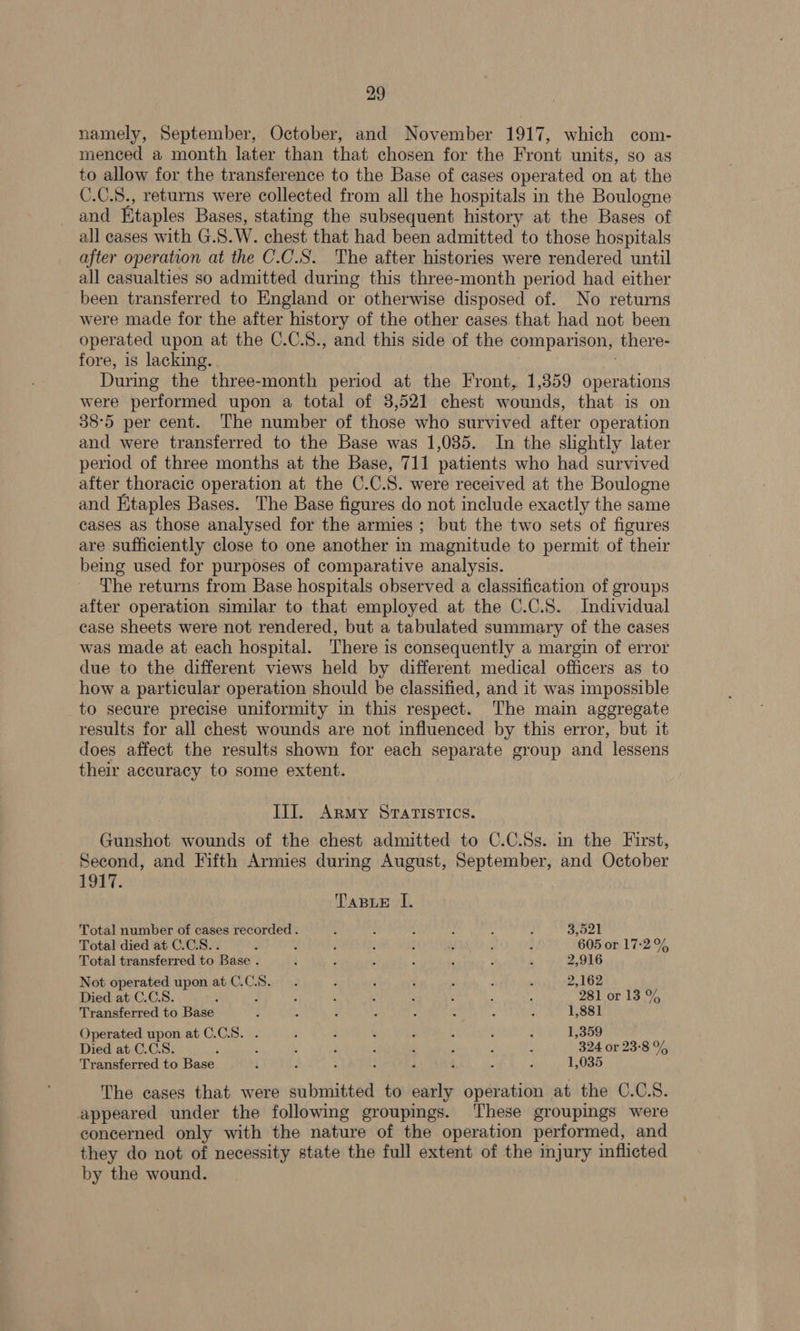 namely, September, October, and November 1917, which com- menced a month later than that chosen for the Front units, so as to allow for the transference to the Base of cases operated on at the C.C.8., returns were collected from all the hospitals in the Boulogne and Etaples Bases, stating the subsequent history at the Bases of all cases with G.8.W. chest that had been admitted to those hospitals after operation at the C.C.S. The after histories were rendered until all casualties so admitted during this three-month period had either been transferred to England or otherwise disposed of. No returns were made for the after history of the other cases that had not been operated upon at the C.C.8., and this side of the comparison, there- fore, 18 lacking. During the three-month period at the Front, 1,359 i eae were performed upon a total of 3,521 chest wounds, that is on 38°5 per cent. The number of those who survived after operation and were transferred to the Base was 1,035. In the slightly later period of three months at the Base, 711 patients who had survived after thoracic operation at the C.C. 8. were received at the Boulogne and Htaples Bases. The Base figures do not include exactly the same cases as those analysed for the armies; but the two sets of figures are sufficiently close to one another in magnitude to permit of their being used for purposes of comparative analysis. The returns from Base hospitals observed a classification of groups after operation similar to that employed at the C.C.S. Individual case sheets were not rendered, but a tabulated summary of the cases was made at each hospital. There is consequently a margin of error due to the different views held by different medical officers as to how a particular operation should be classified, and it was impossible to secure precise uniformity in this respect. The main aggregate results for all chest wounds are not influenced by this error, but it does affect the results shown for each separate group and lessens their accuracy to some extent. Ill. Army STATISTICS. Gunshot wounds of the chest admitted to C.C.Ss. in the First, Second, and Fifth Armies during August, September, and October 1917. TaBLeE I. Total number of cases recorded . : : : : : } 3,521 Total died at C.C.S.. 2 : : 5 ; n : ; 605 or 17:2% Total transferred to Base . 7 > : : : : ‘ 2,916 Not operated upon at C.C.S.. : ‘ : ; ; , 2,162 Died at C.C.S. ; , 5 . : : ; 281 or 13% Transferred to Base ; : ; , ; : . ; 1,881 Operated upon at C.C.S. . : : ; ; 5 : ; 1,359 Died at C.C.8. ; : ; : : : ; 3 : 324 or 23-8 % Transferred to Base : 3 1,035 The cases that were submitted to early peeaaitie at the C.C.S. appeared under the following groupings. These groupings were concerned only with the nature of the operation performed, and they do not of necessity state the full extent of the injury inflicted by the wound.