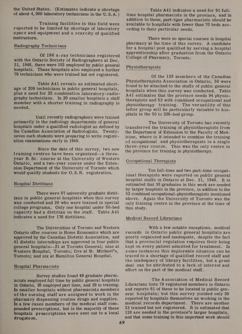 the United States. (Estimates indicate a shortage of about 4, 000 laboratory technicians in the U.S. A.) Training facilities in this field were reported to be limited by shortage of laboratory Space and equipment and a scarcity of qualified instructors. Radiography Technicians Of 196 x-ray technicians registered with the Ontario Society of Radiographers at Dec. 31, 1948, there were 103 employed by public general hospitals. These hospitals also employed a further 79 technicians who were trained but not registered. Table A41 reveals an estimated short- age of 209 technicians in public general hospitals, plus a need for 35 combination laboratory-radio- graphy technicians. In 20 smaller hospitals a staff member with a shorter training in radiography is needed. Until recently radiographers were trained primarily in the radiology departments of general hospitals under a qualified radiologist as defined by the Canadian Association of Radiologists. Twenty- seven such students were preparing to write registr- ation examinations early in 1949. Since the date of this survey, two new training centres have been organized--a three- year B.Sc. course at the University of Western Ontario, and a two-year course under the Exten- sion Department of the University of Toronto which would qualify students for O.S.R. registration. Hospital Dietitians There were 87 university graduate dietit- ians in public general hospitals when this survey was conducted and 20 who were trained in special college programs. Only one hospital under 50-bed capacity had a dietitian on the staff. Table A41 indicates a need for 176 dietitians. The Universities of Toronto and Western Ontario offer courses in Home Economics which are approved by the Canadian Dietetic Association, and 41 dietetic internships are approved in four public general hospitals--21 at Toronto General; nine at Western Hospital, Toronto; five at St. Michael's, Toronto; and six at Hamilton General Hospital. Hospital Pharmacists Survey studies found 49 graduate pharm- acists employed full time by public general hospitals in Ontario, 26 employed part time, and 29 in training. In smaller hospitals without pharmacists members of the nursing staff are assigned to work in the pharmacy dispensing routine drugs and supplies. In a few cases members of the medical staff com- pounded prescriptions, but in the majority of these hospitals prescriptions were sent out to a local drugstore. Table A41 indicates a need for 91 full- time hospital pharmacists in the province, and in addition to these, part-time pharmacists should be available to hospitals with fewer than 70 beds acc- ording to their particular needs. There were no special courses in hospital pharmacy at the time of this survey. A candidate for a hospital post qualified by serving a hospital apprenticeship after graduation from the Ontario College of Pharmacy, Toronto. Physiotherapists Of the 138 members of the Canadian Physiotherapists Association in Ontario, 50 were found to be attached to the staffs of public general hospitals when this survey was conducted. Table A41 estimates that the province needs 94 physio- therapists and 52 with combined occupational and physiotherapy training. The versatility of this latter group will be particularly valuable to hos- pitals in the 50 to 200-bed group. The University of Toronto has recently transferred the training of physiotherapists from the Department of Extension to the Faculty of Med- icine, where is it intended to combine the training of occupational and physiotherapists in a single three-year course. This was the only centre in the province for training in physiotherapy. Occupational Therapists Ten full-time and two part-time occupat- . ional therapists were reported on public general hospital staffs in Ontario at Dec. 31, 1948. It is estimated that 36 graduates in this work are needed by larger hospitals in the province, in addition to the 92 combined occupational-physiotherapists mentioned above. Again the University of Toronto was the only training centre in the province at the time of this study. Medical Record Librarians With a few notable exceptions, medical records in Ontario public general hospitals are poorly orgainzed and inadequate, despite the fact that a provincial regulation requires their being kept on every patient admitted for treatment. In some instances this deplorable situation can be traced to a shortage of qualified record staff and the inadequacy of library facilities, but a great deal can be attributed to a lack of interest and effort on the part of the medical staff. The Association of Medical Record Librarians lists 79 registered members in Ontario and reports 61 of these to be located in public gen- eral hospitals; but this survey yielded only 39 reported by hospitals themselves as working in the medical records department. There are another 33 trained but not registered. It is estimated that 128 are needed in the province's larger hospitals, and that some training in this important work should