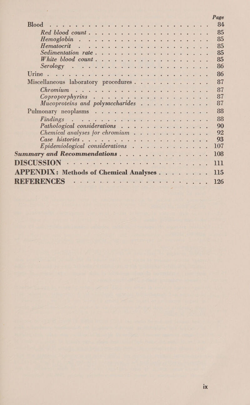 Page Bl ee ee Neg oe a ES ON OR I IOS ee 84. PEO MPOMEE alas cg iy gl ela «ey Bah le eaten t 85 UES OPED CLE he hs Sipe IS SEP tae POR? SRR PY Oe tse 85 PROB OC NE a Seuiia ok, Glee tee. ae eee 85 Deere ar Ore Pale rh cs ca eee ae a go 85 PRG OL OOR COMME Bac ciel hy oem (ile OS Seg yea 85 SONS in, MM Re tenting aL Mala Pas Nts Maod, “Sosy UE cee nab 86 AD rae ed rere alread idan, ative: thane lear Us Oa, p RRR 86 Miscellaneous laboratory procedures. ........... 87 UCU Ged AP ay ea es aes Sa i wa eas 87 COR OPOLPIVTI NS. itm Pie) DURAN iW 2s) oe Se 87 Mucoproteins and polysaccharides . .......... 87 Phlmonary neoplasms: 2808.0 ey aside gh edoneeon se ddeone Jocks 88 Pia oecat a 2 Ra etew is: Stbkesath) bs ek Gita ed ee Pathological considerations 0.0045 3) 6.6 SENSED AGES 90 Chemical analyses for chromium ........ repre! OZ CORE HUSEDTICS fe kg og ne a pias) ste y Ul ha an eR, 93 Epidemiological considerations ©..0. 0 ie Gd es 107 Summary and Recommendations. ......... bes a,» Oe We USS LOIIN rs ae ane ere ee ee i ete Reese eure 5 || APPENDIX: Methods of Chemical Analyses... . .... 115 POT PRENCES 4... 2a cote Genter A ieies 96