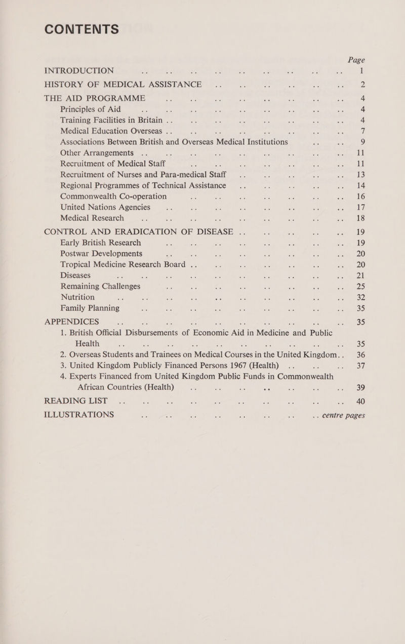 CONTENTS INTRODUCTION HISTORY OF MEDICAL ASSISTANCE THE AID PROGRAMME Principles of Aid f Training Facilities in Britain . Medical Education Overseas .. é ; Associations Between British and Overseas Medical Thoututions Other Arrangements Recruitment of Medical Staff Recruitment of Nurses and Para-medical Staff Regional Programmes of Technical Assistance Commonwealth Co-operation United Nations Agencies Medical Research CONTROL AND ERADICATION OF DISEASE .. Early British Research Postwar Developments : Tropical Medicine Research Board .. Diseases : : Remaining Canlienses. Nutrition Family Planning APPENDICES Health 3. United Kingdom Publicly Financed Persons 1967 (Health) 4. Experts Financed from United Kingdom Public Funds in Commonwealth African Countries (Health) READING LIST 40