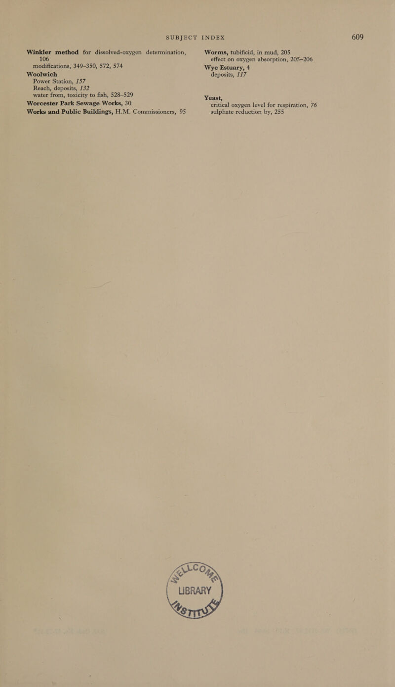 Winkler method for dissolved-oxygen determination, 106 modifications, 349-350, 572, 574 Woolwich Power Station, 157 Reach, deposits, 132 water from, toxicity to fish, 528-529 Worcester Park Sewage Works, 30 Works and Public Buildings, H.M. Commissioners, 95 Worms, tubificid, in mud, 205 effect on oxygen absorption, 205-206 Wye Estuary, 4 deposits, 11/7 Yeast, : critical oxygen level for respiration, 76 sulphate reduction by, 255  609