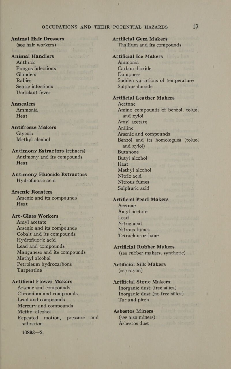 (see hair workers) Animal Handlers Anthrax Fungus infections Glanders Rabies Septic infections Undulant fever Annealers Ammonia Heat Antifreeze Makers Glycols Methyl alcohol Antimony Extractors (refiners) Antimony and its compounds Heat Antimony Fluoride Extractors Hydrofluoric acid Arsenic Roasters Arsenic and its compounds Heat Art-Glass Workers Amy]l acetate i Arsenic and its compounds Cobalt and its compounds Hydrofluoric acid Lead and compounds ~ Manganese and its compounds Methyl alcohol Petroleum hydrocarbons Turpentine Artificial Flower Makers Arsenic and compounds Chromium and compounds Lead and compounds Mercury and compounds Methyl alcohol Repeated motion, pressure and vibration 10893—2 Thallium and its compounds Artificial Ice Makers Ammonia Carbon dioxide Dampness Sudden variations of temperature Sulphur dioxide Artificial Leather Makers Acetone Amino compounds of benzol, toluol and xylol Amyl acetate Aniline Arsenic and compounds Benzol and its homologues (toluol and xylol) Butanone Butyl alcohol Heat Methyl alcohol Nitric acid Nitrous fumes Sulphuric acid Artificial Pearl Makers Acetone Amy] acetate Lead Nitric acid Nitrous fumes Tetrachloroethane Artificial Rubber Makers (see rubber makers, synthetic) Artificial Silk Makers (see rayon) Artificial Stone Makers Inorganic dust (free silica) Inorganic dust (no free silica) Tar and pitch Asbestos Miners (see also miners) Asbestos dust