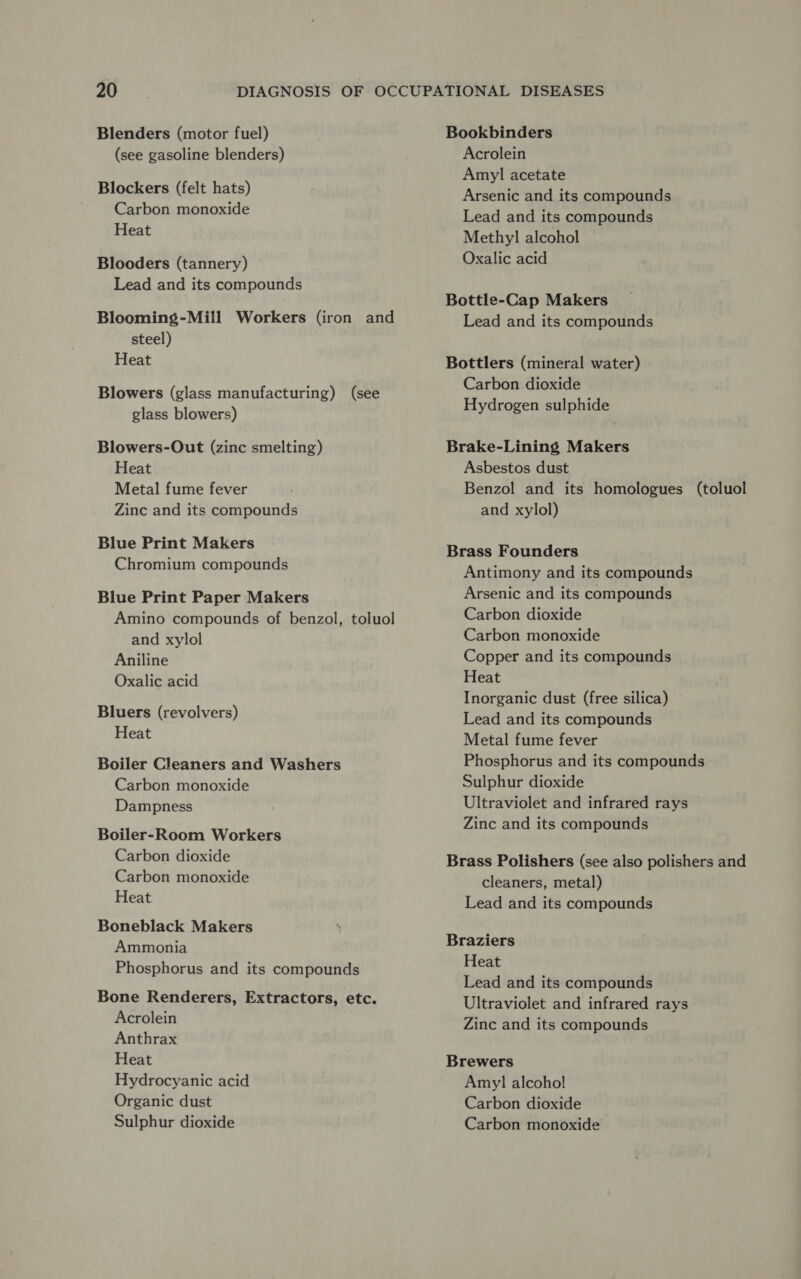 Blenders (motor fuel) (see gasoline blenders) Blockers (felt hats) Carbon monoxide Heat Blooders (tannery) Lead and its compounds Blooming-Mill Workers (iron and steel) Heat Blowers (glass manufacturing) (see glass blowers) Blowers-Out (zinc smelting) Heat Metal fume fever Zinc and its compounds Blue Print Makers Chromium compounds Blue Print Paper Makers Amino compounds of benzol, toluol and xylol Aniline Oxalic acid Bluers (revolvers) Heat Boiler Cleaners and Washers Carbon monoxide Dampness Boiler-Room Workers Carbon dioxide Carbon monoxide Heat Boneblack Makers Ammonia Phosphorus and its compounds Bone Renderers, Extractors, etc. Acrolein Anthrax Heat Hydrocyanic acid Organic dust Sulphur dioxide Bookbinders Acrolein Amy] acetate Arsenic and its compounds Lead and its compounds Methyl alcohol Oxalic acid Bottle-Cap Makers Lead and its compounds Bottlers (mineral water) Carbon dioxide Hydrogen sulphide Brake-Lining Makers Asbestos dust Benzol and its homologues (toluol and xylol) Brass Founders Antimony and its compounds Arsenic and its compounds Carbon dioxide Carbon monoxide Copper and its compounds Heat Inorganic dust (free silica) Lead and its compounds Metal fume fever Phosphorus and its compounds Sulphur dioxide Ultraviolet and infrared rays Zinc and its compounds Brass Polishers (see also polishers and cleaners, metal) Lead and its compounds Braziers Heat Lead and its compounds Ultraviolet and infrared rays Zinc and its compounds Brewers Amy] alcohol Carbon dioxide Carbon monoxide