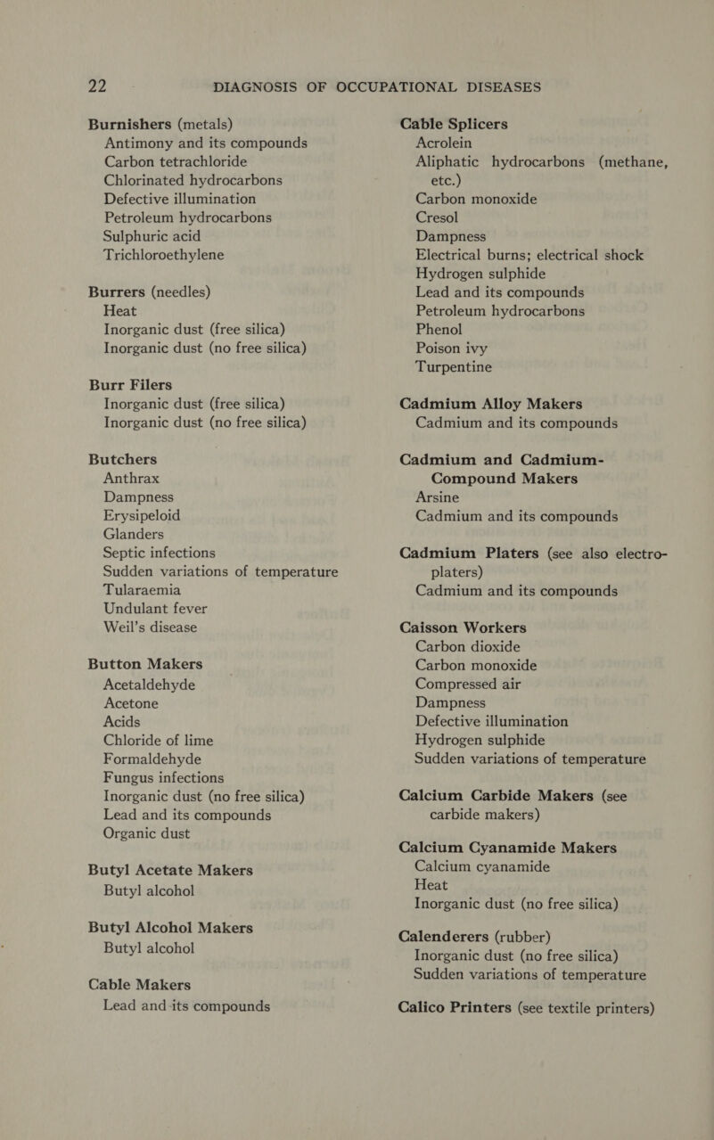 Burnishers (metals) Antimony and its compounds Carbon tetrachloride Chlorinated hydrocarbons Defective illumination Petroleum hydrocarbons Sulphuric acid Trichloroethylene Burrers (needles) Heat Inorganic dust (free silica) Inorganic dust (no free silica) Burr Filers Inorganic dust (free silica) Inorganic dust (no free silica) Butchers Anthrax Dampness Erysipeloid Glanders Septic infections Sudden variations of temperature Tularaemia Undulant fever Weil’s disease Button Makers Acetaldehyde Acetone Acids Chloride of lime Formaldehyde Fungus infections Inorganic dust (no free silica) Lead and its compounds Organic dust Butyl Acetate Makers Butyl alcohol Butyl Alcohol Makers Butyl alcohol Cable Makers Lead and -its compounds Cable Splicers Acrolein Aliphatic hydrocarbons (methane, etc.) Carbon monoxide Cresol Dampness Electrical burns; electrical shock Hydrogen sulphide Lead and its compounds Petroleum hydrocarbons Phenol Poison ivy Turpentine Cadmium Alloy Makers Cadmium and its compounds Cadmium and Cadmium- Compound Makers Arsine Cadmium and its compounds Cadmium Platers (see also electro- platers) Cadmium and its compounds Caisson Workers Carbon dioxide Carbon monoxide Compressed air Dampness Defective illumination Hydrogen sulphide Sudden variations of temperature Calcium Carbide Makers (see carbide makers) Calcium Cyanamide Makers Calcium cyanamide Heat Inorganic dust (no free silica) Calenderers (rubber) Inorganic dust (no free silica) Sudden variations of temperature Calico Printers (see textile printers)