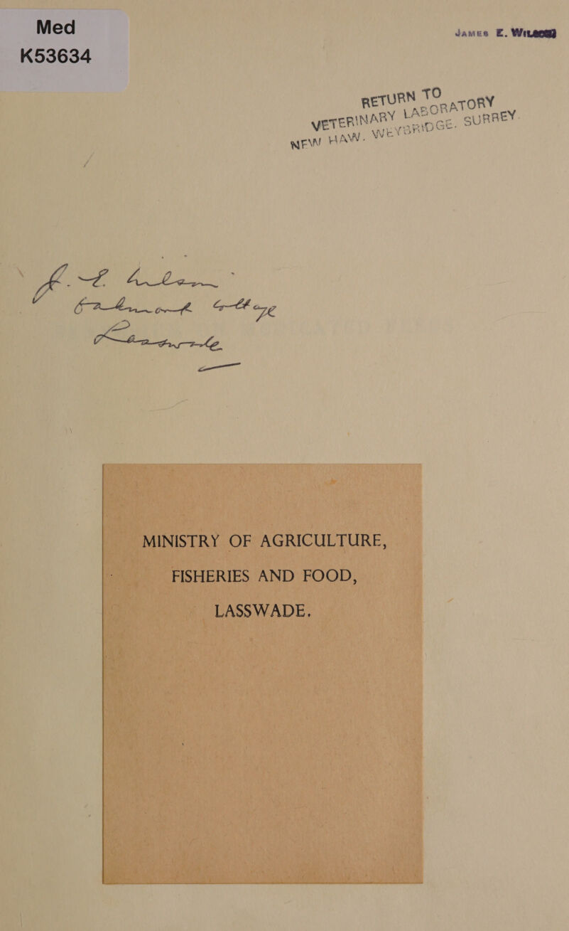 Med James E. Wireom K53634 RETURN TO AATORY VETERINARY LAS levee. S SURREY. AW. We :  MINISTRY OF AGRICULTURE, FISHERIES AND FOOD, LASSWADE.