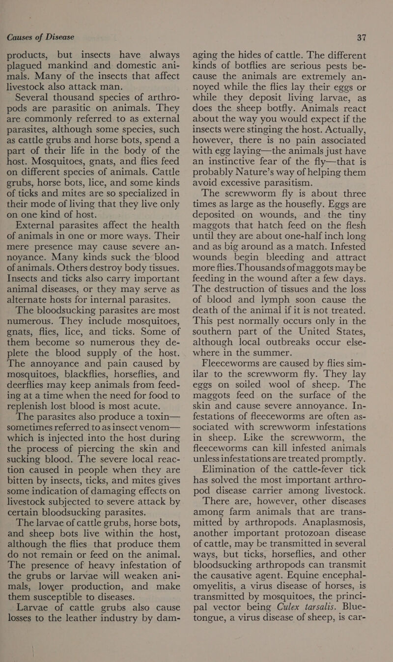 products, but insects have always plagued mankind and domestic ani- mals. Many of the insects that affect livestock also attack man. Several thousand species of arthro- pods are parasitic on animals. They are commonly referred to as external parasites, although some species, such as cattle grubs and horse bots, spend a part of their life in the body of the host. Mosquitoes, gnats, and flies feed on different species of animals. Cattle grubs, horse bots, lice, and some kinds of ticks and mites are so specialized in their mode of living that they live only on one kind of host. External parasites affect the health of animals in one or more ways. Their mere presence may cause severe an- noyance. Many kinds suck the blood of animals. Others destroy body tissues. Insects and ticks also carry important animal diseases, or they may serve as alternate hosts for internal parasites. The bloodsucking parasites are most numerous. They include mosquitoes, enats, flies, lice, and ticks. Some of them become so numerous they de- plete the blood supply of the host. The annoyance and pain caused by mosquitoes, blackflies, horseflies, and deerflies may keep animals from feed- ing at a time when the need for food to replenish lost blood is most acute. The parasites also produce a toxin— sometimes referred to as insect venom— which is injected into the host during the process of piercing the skin and sucking blood. The severe local reac- tion caused in people when they are bitten by insects, ticks, and mites gives some indication of damaging effects on livestock subjected to severe attack by certain bloodsucking parasites. The larvae of cattle grubs, horse bots, and sheep bots live within the host, although the flies that produce them do not remain or feed on the animal. The presence of heavy infestation of the grubs or larvae will weaken ani- mals, lower production, and make them susceptible to diseases. | Larvae of cattle grubs also cause losses to the leather industry by dam- aging the hides of cattle. The different kinds of botflies are serious pests be- cause the animals are extremely an- noyed while the flies lay their eggs or while they deposit living larvae, as does the sheep botfly. Animals react about the way you would expect if the insects were stinging the host. Actually, however, there is no pain associated with egg laying—the animals just have an instinctive fear of the fly—that is probably Nature’s way of helping them avoid excessive parasitism. The screwworm fly is about three times as large as the housefly. Eggs are deposited on wounds, and the tiny maggots that hatch feed on the flesh until they are about one-half inch long and as big around as a match. Infested wounds begin bleeding and attract more flies. Thousands of maggots may be feeding in the wound after a few days. The destruction of tissues and the loss of blood and lymph soon cause the death of the animal if it is not treated. This pest normally occurs only in the southern part of the United States, although local outbreaks occur else- where in the summer. Fleeceworms are caused by flies sim- ilar to the screwworm fly. They lay eggs on soiled wool of sheep. The maggots feed on the surface of the skin and cause severe annoyance. In- festations of fleeceworms are often as- sociated with screwworm infestations in sheep. Like the screwworm, the fleeceworms can kill infested animals unless infestations are treated promptly. Elimination of the cattle-fever tick has solved the most important arthro- pod disease carrier among livestock. There are, however, other diseases among farm animals that are trans- mitted by arthropods. Anaplasmosis, another important protozoan disease of cattle, may be transmitted in several ways, but ticks, horseflies, and other bloodsucking arthropods can transmit the causative agent. Equine encephal- omyelitis, a virus disease of horses, is transmitted by mosquitoes, the princi- pal vector being Culex tarsalis. Blue- tongue, a virus disease of sheep, is car-