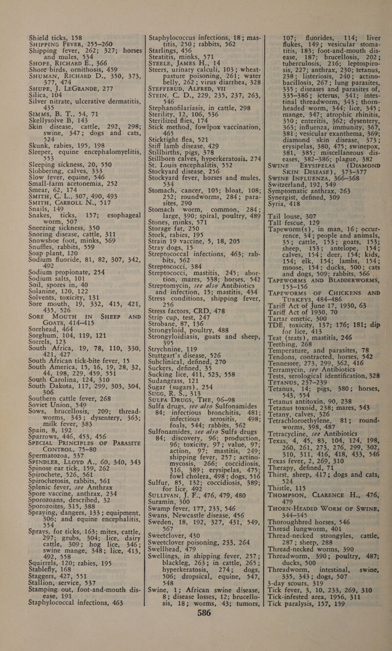 SHIPPING FEVER, 255-260 ee ettet 2625-3275 mules, 534 SHOPE, RICHARD E., 366 Shore birds, ornithosis, 459 SHUMAN, RICHARD D., 350, 373, 377, SHUPE, J. LEGRANDE, 277 Silica, 104 Silver nitrate, ulcerative dermatitis, SIMMS}&gt; Bi 3°54; 71 Skellysolve B, 143 Skin disease, cattle, 292, 298; swine, 347; dogs and cats, 52 Skunk, rabies, 195, 198 a Sleeper, equine encephalomyelitis, Sleepi ag sickness, 20, 550 Slobbering, calves, 333 Slow fever, equine, 546 Small-farm acetonemia, 252 Smear, 62, 174 SMITH, c L., 307, 490, 493 SMITH, CARROLL N., 517 Snails, 149 Snakes, ticks, wotm, 507 Sneezing sickness, 350 Snoring disease, cattle, 311 Snowshoe foot, minks, 569 Snuffles, tabbits, 559 Soap plant, 120 — fluoride, 81, 82, 307, 342, 92 Sodium propionate, 254 Sodium salts, 101 Soil, spores in, 40 Solanine, 120, 122 Solvents, toxicity, 131 Sore mouth, 19, 332, 415, 421, 435, 526 SorE MoutH IN _ SHEEP Goats, 414-415 Sorehead, 464 Sorghum, 104, 119, 121 Sorrels, 123 South Africa, 19, 78, 110, 330, 421, 427 South African tick-bite fever, 15 South America, 15, 16, 19, 28, 32, 44, 198, 229, 459, 551 South Carolina, 124, 310 South ino + 117, 299, 303, 304, 30 Southern cattle fever, 268 Soviet Union, 549 horses 157; esophageal AND Sows, brucellosis, 209; thread- worms, 343; dysentery, 363; milk fever, 3.83 Spain, 8, 192 Spatrows, 446, 453, 456 SPECIAL PRINCIPLES OF PARASITE CONTROL, 75-80 Spermatozoa, 537 SPINDLER, LLoyp A., 60, 340, 343 Spinose ear tick, 159, 262 Spirochete, 526, 561 Spirochetosis, rabbits, 561 Splenic fever, see Anthrax Spore vaccine, anthrax, 234 Sporozoans, described, 32 Sporozoites, 315, 388 Spraying, dangets, 133 ; equipment, a and equine encephalitis, Sprays for ticks, 163; mites, cattle, 297; grubs, 304; ice, dairy cattle, 309; ho lice, 346; swine mange, 348; lice, 413, 492, 558 Squirrels, 120; rabies, 195 Stablefly, 168 Staggers, 427, 551 Stallion, service, 537 Stamping out, foot-and-mouth dis- ease, 191 Staphylococcal infections, 463 Staphylococcus infections, 18; mas- titis, 250; rabbits, 562 Starlings, 456 Steatitis, minks, 571 STEELE, JAMES H., 14 Steers, urinary calculi, 103 ; wheat- pasture poisoning, 261; water elly, 262; virus diarrhea, 328 STEFFERUD, ALFRED, VII PENIS D., 229, 235; 2373 263, 5 Stephanofilariasis, in cattle, 298 Sterility, 12, 106, 536 Sterilized flies, 174 pag fowlpox vaccination, Sticktight flea, 521 Stiff lamb disease, 429 Stillbirths, piss, 378 Stillborn calves, hyperkeratosis. 274 St. Louis encephalitis, 552 Stockyard disease, 256 pin fever, horses and mules, 53 Stomach, cancer, 105; bloat, 108; 252; roundworms, 284; para- sites, 290 Stomach worm, common, 284; Stones, minks, 57 Storage fat, 250 Stork, tabies, 195 Strain 19 vaccine, 5, 18, 205 Stray dogs, 15 Streptococcal infections, 463; tab- bits, 562 Streptococci, 384 Streptococci, mastitis, 245; abor- tion, mares, 538; horses, 542 Streptomycin, see also. Antibiotics and infection, 15; mastitis, 434 Stress conditions, shipping fever, 25 Stress factors, CRD, 478 Strip cup, test, 247 Strobane, 87, 136 Strongyloid, ‘poultry, 488 Strongyloidiasis, goats and sheep, 395 Strychnine, 119 Ee ee disease, 526 Subclinical, defined, 270 Suckers, defined, 35 Sucking lice, 411, 523, 558 Sudangrass, 121 Sugar Se shy 254 SUGG, SULFA Drucs, THE, 96-98 Sulfa drugs, see also Sulfonamides 84; infectious bronchitis, 481; infectious serositis, 498; foals, 544; rabbits, 562 Sulfonamides, see also Sulfa drugs 84; discovery, 96; production, 96; toxicity, 97; value, 97; action, 97; mastitis, 249; shipping fever, 257; actino- mycosis, 266; coccidiosis, 316, 389; erysipelas, 475; fowl cholera, 498 ; dogs, 516 Sulfur, 85.0132? coccidiosis, 389; for lice, 492 SULLIVAN, J. F., 476, 479, 480 Suramin, 300 Swamp fever, 177, 233, 546 Swans, Newcastle disease, 456 Sweden, 18, 192, 327, 431, 567 Sweetclover, 430 Sweetclover poisoning, 233, 264 Swellhead, 479 Swellings, in shipping fever, 257-3 blackleg, 263; in cattle, 265; hyperkeratosis, 274; dogs, 506; dropsical, equine, 547, 548 Swine, 1; African swine disease, 8; disease losses, 12; brucello- sis, 18; worms, 43; tumors, 586 549, flukes, 149; vesicular stoma- titis, 183; foot-and-mouth dis- ease, 187; brucellosis, 202; tuberculosis, 216; leptospiro- sis, 227; anthrax, 230; tetanus, 238; listeriosis, 240; actino- bacillosis, 267; lung parasites, 335; diseases and parasites of, 335-386 ; icterus, 341; intes- tinal threadworm, 343: thorn- headed worm, 344: lice, 345; mange, 347; atro phic rhinitis, 350; enteritis, 362; dysentery, 363; influenza, tite Aster 367, 381; vesicular exanthema, 369; diamond skin disease, 373; erysipelas, 380, 475; swinepox, 381, 385; miscellaneous dis- eases, 382-386; plague, 382 SWINE ERYSIPELAS (DIAMOND SKIN DISEASE), 373-377 SWINE INFLUENZA, 366-368 Switzerland, 192, 549 Symptomatic anthrax, 263 Synergist, defined, 309 Syria, 418 Tail louse, 307 Tall fescue, 129 Tapeworm(s), in man, 163 occur- rence, 34; people and animals, 353 cattle, 1533; goats, 153; sheep, 153; ante ope, 154; calves, 154; deer, 154; kids, 154; elk, 154; lambs, 154% moose, 154; ducks, 500; cats and dogs, 509; rabbits, 566 TAPEWORMS AND BLADDERWORMS, 153-156 TAPEWORMS OF CHICKENS. AND TURKEYS, 484-486 Tariff Act of June 17, 1930, 63 Tariff Act of 1930, 70 Tartar emetic, 300 TDE, toxicity, 137; 176; 181; dip for lice, 413 Teat (teats), mastitis, 246 Teething, 268 Temperature, and parasites, 78 Tendons, contracted, horses, 542 Tennessee, 273; 299, 362, 416 Terramycin, see Antibiotics Tests, serological identification, 328 TETANUS, 237-259 Tetanus, 14; pigs, 380; 543, 554 Tetanus antitoxin, 90, 238 Tetanus toxoid, 238; mares, 543 Tetany, calves, 326 Tetrachloroethylene, 81; worms, 398, 487 Tetracycline, see Antibiotics Texas, 4, 45, 83, 104, 124, 198, 260, 261, 273, 276, 299, 302, 310, 311, 416, 418, 433, &lt;&lt; Texas fever, 2, 269, 310 Therapy, defined, 71 Thirst, sheep, 417; dogs and cats; 524 Thistle, 115 THOMPSON, CLARENCE H., 476, 479 THORN-HEADED WORM OF SWINE, 344-345 Thoroughbred horses, 546 Thread lungworm, 401 Thread-necked strongyles, 287 ; sheep, 288 Thread-necked worms, 390 Threadworm, 390; poultry, 487; ducks, 500 Threadworm, intestinal, 335, 343; dogs, 507 3-day scours, 319 Tick fever, 3, 10, 233, 269, 310 Tick-infested area, 1956, 311 Tick paralysis, 157, 159 horses, round- cattle, swine,