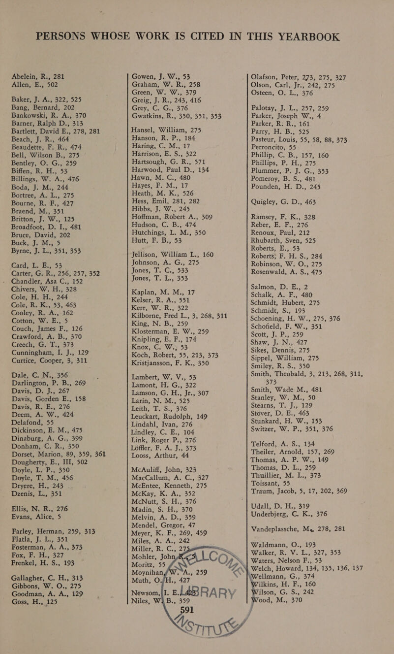 Abelein, R., 281 Allen, E., 502 Baker, J. A., 322, 525 Bang, Bernard, 202 Bankowski, R. A., 370 Barner, Ralph D., 313 Bartlett, David E., 278, 281 Beach, J. R., 464 Beaudette, F. R., 474 Bell, Wilson B., 275 Bentley, O. G., 259 Biffen, R. H., 53 Billings, W. A., 476 Boda, J. M., 244 Bortree, A. L., 275 Bourne, R. F., 427 Braend, M., 351 Britton, J. W., 125 Broadfoot, D. I., 481 Bruce, David, 202 Buck, J. M., 5 Byrne, J. L.. 351, 353 Card, L. E., 53. Carter, G. R., 256, 257, 352 Chandler, Asa C., 152 Chivers, W. H., 328 Cole, H. H., 244 Cole, R. K., 53, 463 Cooley, R. A.,-162 Cotton, W. E., 5 Couch, James F., 126 Crawford, A. B., 370 Creech, G. T., 373 Cunningham, I. J., 129 Curtice, Cooper, 3, 311 Dale, C. N., 356 Darlington, P. B., 269 Davis, D. J., 267 Davis, Gorden E., 158 Davis, R. E., 276 Deem, A. W., 424 Delafond, 55 Dickinson, E. M., 475 Dinaburg, A. G., 399 Donham, C. R., 350 Dorset, Marion, 89, 359, 361 Dougherty, E., III, 502 Doyle, L. P., 350 Doyle, T. M., 456 Dryere, H., 243 . Dzenis, L., 351 Ellis, N. R., 276 Evans, Alice, 5 Farley, Herman, 259, 313 Flatla, J. L., 351 Fosterman, A. A., 373 Fox, F. H., 327 Frenkel, H. S., 193 Gallagher, C. H., 313 Gibbons, W. O., 275 Goodman, A. A., 129 Goss, H., 125 Gowen, J. W., 53 Graham, W. R., 258 Green, W. W., 379 Greig, J. R., 243, 416 Grey, C. G., 376 Gwatkins, R., 350, 351, 353 Hansel, William, 275 Hanson, R. P., 184 Haring, C. M., 17 Harrison, E. S., 322 Hartsough, G. R., 571 Harwood, Paul D., 134 Hawn, M. C., 480 Hayes, F. M., 17 Heath, M. K., 526 Hess, Emil, 281, 282 Hibbs, J. W., 245 Hoffman, Robert A., 309 Hudson, C. B., 474 Hutchings, L. M., 350 Hutte BD. o&gt; Jellison, William L., 160 Johnson, A. G., 275 Jones, T. C.; 533 Jones, T. L., 353 Kaplan, M. M., 17 Kelser, R. A., 551 Kerr, W. R., 322 Kilborne, Fred L., 3, 268, 311 King, N. B., 259 Klosterman, E. W., 259 Knipling, E. F., 174 Knox, C. W.y 53 Koch, Robert, 55, 213, 373 Kristjansson, F. K., 350 Lambert, W. V., 53 Lamont, H. G., 322 Lamson, G. H., Jr., 307 Larin, N. M., 525 Leith, T. S., 376 Leuckart, Rudolph, 149 Lindahl, Ivan, 276 Lindley, C. E., 104 Link, Roger P., 276 Loffler, F. A. J., 373 Looss, Arthur, 44 McAuliff, John, 323 MacCallum, A. C., 327 McEntee, Kenneth, 275 McKay, K. A., 352 McNutt, S. H., 376 Madin, S. H., 370 Melvin, A. D., 359 Mendel, Gregor, 47 Meyer, K. F., 269, 459 Raice Av TAs, 242  Olafson, Peter, 273, 275, 327 Olson, Carl, Jr., 242, 275 Osteen, O. L., 376 Palotay,.J. L.;/257, 259 Parker, Joseph W., 4 Parker, R: R., 161 Partys eb 25 Pasteur, Louis, 55, 58, 88, 373 Perroncito, 55 Phillip, C.\B.,.137,-160 Phillips, P. H., 275 Plummer, P. J. G., 353 Pomeroy, B. S., 481 Pounden, H. D., 245 Quigley, G. D., 463 Ramsey, F. K., 328 Reber, E. F., 276 Renoux, Paul, 212 Rhubarth, Sven, 525 Roberts, E., 53 Roberts, F. H. S., 284 Robinson, W. O., 275 Rosenwald, A. S., 475 Salmon, D.-E.. 2 Schalk, A. F., 480 Schmidt, Hubert, 275 Schmidt, S., 193 Schoening, H. W., 275, 376 Schofield, F. W., 351 Scott, J. P.,,259 Shaw, J. N., 427 Sikes, Dennis, 275 Sippel, William, 275 Smiley, R. S., 350 Smith, Theobald, 3, 213, 268, 311, 373 Smith, Wade M., 481 Stanley, W. M., 50 Stearns, T. J., 129 Stover, D. E., 463 Stunkard, H. W., 153 Switzer, W. P., 351, 376 Telford, A. S., 134 Theiler, Arnold, 157, 269 Thomas, A. P. W., 149 Thomas, D. L., 259: Thuillier, M. L., 373 Toissant, 55 Traum, Jacob, 5, 17, 202, 369 Udall, D. H., 319 Underbjerg, C. K., 376 Vandeplassche, Mg, 278, 281 Waldmann, O., 193 Walker, R. V. L., 32737353 Waters, Nelson F., 53 Welch, Howard, 134, 135, 136, 137 ilkins, H. F., 160 Wilson, G. S., 242 Wood, M., 370