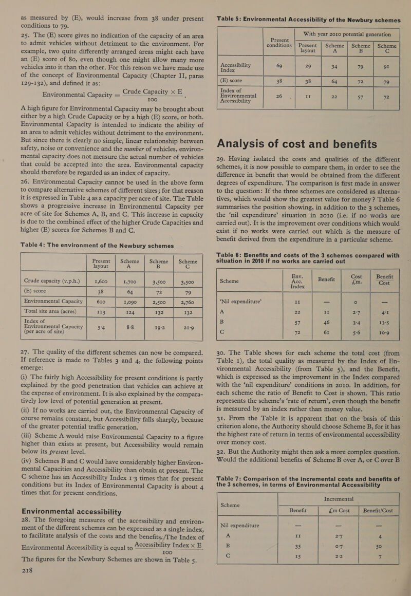 as measured by (E), would increase from 38 under present conditions to 79. 25. The (E) score gives no indication of the capacity of an area to admit vehicles without detriment to the environment. For example, two quite differently arranged areas might each have an (E) score of 80, even though one might allow many more vehicles into it than the other. For this reason we have made use of the concept of Environmental Capacity (Chapter II, paras 129-132), and defined it as: Crude Capacity x E 100 : A high figure for Environmental Capacity may be brought about either by a high Crude Capacity or by a high (E) score, or both. Environmental Capacity is intended to indicate the ability of an area to admit vehicles without detriment to the environment. But since there is clearly no simple, linear relationship between safety, noise or convenience and the number of vehicles, environ- mental capacity does not measure the actual number of vehicles that could be accepted into the area. Environmental capacity should therefore be regarded as an index of capacity. 26. Environmental Capacity cannot be used in the above form to compare alternative schemes of different sizes; for that reason it is expressed in Table 4 asa capacity per acre of site. The Table shows a progressive increase in Environmental Capacity per acre of site for Schemes A, B, and C. This increase in capacity is due to the combined effect of the higher Crude Capacities and higher (E) scores for Schemes B and C. Environmental Capacity = Table 4: The environment of the Newbury schemes Present layout Crude capacity (v.p.h.) 1,600 (E) score Environmental Capacity Total site area (acres) Index of Environmental Capacity 5°4 (per acre of site) 27. The quality of the different schemes can now be compared. If reference is made to Tables 3 and 4, the following points emerge: (i) The fairly high Accessibility for present conditions is partly explained by the good penetration that vehicles can achieve at the expense of environment. It is also explained by the compara- tively low level of potential generation at present. (ii) If no works are carried out, the Environmental Capacity of course remains constant, but Accessibility falls sharply, because of the greater potential traffic generation. Gii) Scheme A would raise Environmental Capacity to a figure higher than exists at present, but Accessibility would remain below its present level. (iv) Schemes B and C would have considerably higher Environ- mental Capacities and Accessibility than obtain at present. The C scheme has an Accessibility Index 1-3 times that for present conditions but its Index of Environmental Capacity is about 4 times that for present conditions. Environmental accessibility 28. The foregoing measures of the accessibility and environ- ment of the different schemes can be expressed as a single index, to facilitate analysis of the costs and the benefits;/The Index of Accessibility Index x E 100 The figures for the Newbury Schemes are shown in Table 5. Environmental Accessibility is equal to 218 Table 5: Environmental Accessibility of the Newbury schemes a ee ee ee, eee With year 2010 potential generation Present conditions Present layout Accessibility Index (E) score Index of Environmental Accessibility Analysis of cost and benefits 29. Having isolated the costs and qualities of the different schemes, it is now possible to compare them, in order to see the difference in benefit that would be obtained from the different degrees of expenditure. The comparison is first made in answer to the question: If the three schemes are considered as alterna- tives, which would show the greatest value for money ? Table 6 summarises the position showing, in addition to the 3 schemes, the ‘nil expenditure’ situation in 2010 (i.e. if no works are carried out). It is the improvement over conditions which would exist if no works were carried out which is the measure of benefit derived from the expenditure in a particular scheme. Table 6: Benefits and costs of the 3 schemes compared with situation in 2010 if no works are carried out Scheme 30. The Table shows for each scheme the total cost (from Table 1), the total quality as measured by the Index of En- vironmental Accessibility (from Table 5), and the Benefit, which is expressed as the improvement in the Index compared with the ‘nil expenditure’ conditions in 2010. In addition, for each scheme the ratio of Benefit to Cost is shown. This ratio represents the scheme’s ‘rate of return’, even though the benefit is measured by an index rather than money value. 31. From the Table it is apparent that on the basis of this criterion alone, the Authority should choose Scheme B, for it has the highest rate of return in terms of environmental accessibility over money cost. 32. But the Authority might then ask a more complex question. Would the additional benefits of Scheme B over A, or C over B Table 7: Comparison of the incremental costs and benefits of the 3 schemes, in terms of Environmental Accessibility Incremental Scheme Benefit £m Cost Benefit/Cost Nil expenditure — — aaa A II 207, 4 B 35 O-7 50