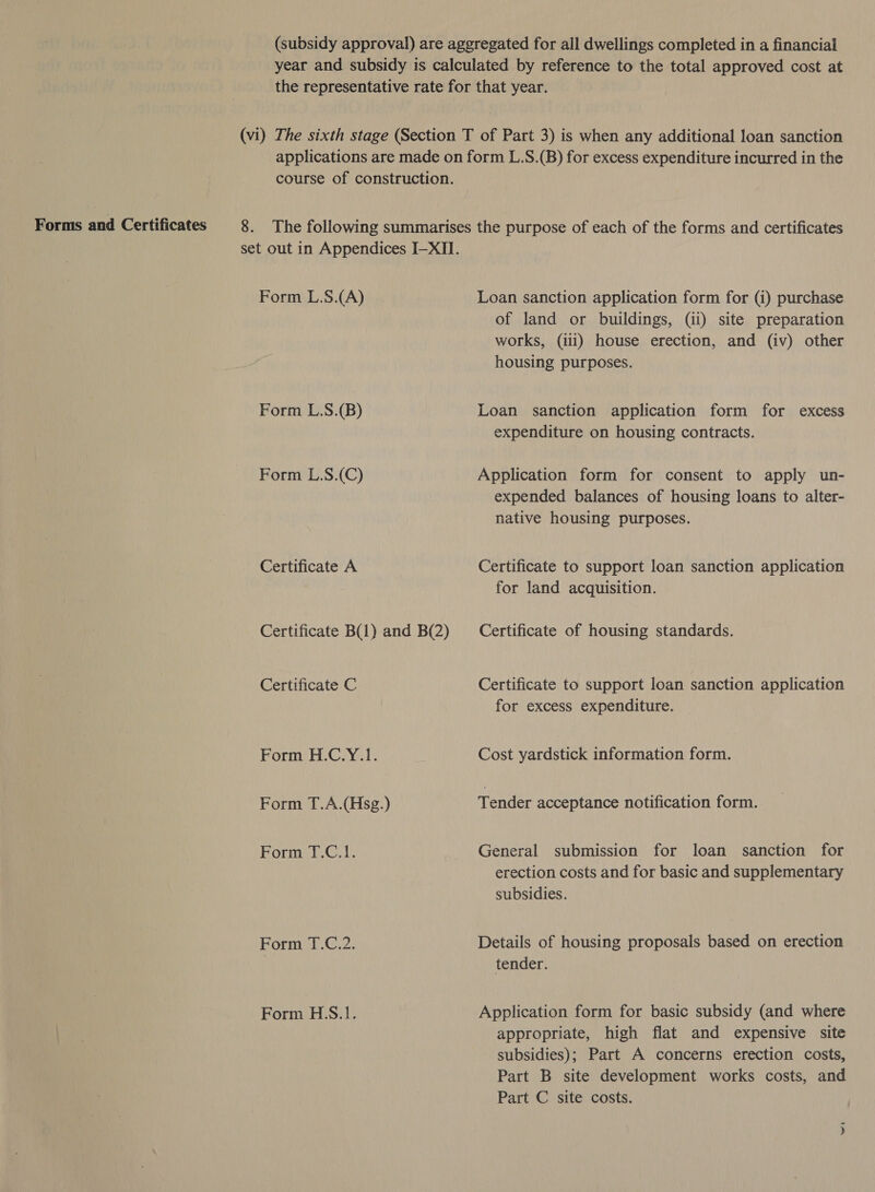 Forms and Certificates (subsidy approval) are aggregated for all dwellings completed in a financial year and subsidy is calculated by reference to the total approved cost at the representative rate for that year. (vi) The sixth stage (Section T of Part 3) is when any additional loan sanction applications are made on form L.S.(B) for excess expenditure incurred in the course of construction. set out in Appendices I—XII. Form L.S.(A) Loan sanction application form for (i) purchase of land or buildings, (ii) site preparation works, (iii) house erection, and (iv) other housing purposes. Form L.S.(B) Loan sanction application form for excess expenditure on housing contracts. Form L.S.(C) Application form for consent to apply un- expended balances of housing loans to alter- native housing purposes. Certificate A Certificate to support loan sanction application for land acquisition. Certificate B(1) and B(2) _— Certificate of housing standards. Certificate C Certificate to support loan sanction application for excess expenditure. Form H.C.Y.1. Cost yardstick information form. Form T.A.(Hsg.) Tender acceptance notification form. Form T.C.1. General submission for loan sanction for erection costs and for basic and supplementary subsidies. Form T.C.2. Details of housing proposals based on erection | tender. Form H.S.1. Application form for basic subsidy (and where appropriate, high flat and expensive site subsidies); Part A concerns erection costs, Part B site development works costs, and Part C site costs.