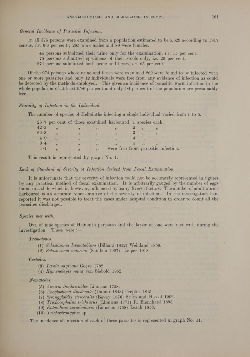 ~ General Incidence of Parasitic Infection. In all 375 persons were examined from a population estimated to be 5,629 according to 1917 census, 2.€. 6-6 per cent ; 285 were males and 80 were females. 44 persons submitted their urine only for the examination, 7.e. 15 per cent. 75 persons submitted specimens of their stools only, 7z.e. 20 per cent. 274 persons submitted both urine and feces, 7.e. 65 per cent. Of the 274 persons whose urine and feces were examined 262 were found to be infected with one or more parasites and only 12 individuals were free from any evidence of infection as could be detected by the methods employed. This gives an incidence of parasitic worm infection in the whole population of at least 95-6 per cent and only 4-4 per cent of the population are presumably free. Plurality of Infection in the Indwidual. The number of species of Helminths infecting a single individual varied from 1 to 5. 26-7 per cent of those examined harboured 1 species each. 42-3 be) 95 39 93 2 99 99 22-3 me “if re ae a rt i 4-0 bP) 23 9) SMe + 99) fe 0-4 f we ry 5 os fy: 4-4 i i 7s were free from parasitic infection. This result is represented by graph No. 1. Lack of Standard of Severity of Infection derwed from Facal Examination. It is unfortunate that the severity of infection could not be accurately represented in figures by any practical method of fecal examination. It is arbitrarily gauged by the number of eggs found in a slide which is, however, influenced by many diverse factors. The number of adult worms harboured is an accurate representative of the severity of infection. In the investigation here: _ reported it was not possible to treat the cases under hospital condition in order to count all the parasites discharged. Species met with. Ova of nine species of Helminth parasites and the larvee of one were met with during the investigation. These were :— Trematodes. (1) Schistosoma hematobvum (Bilharz 1852) Weinland 1858. (2) Schistosoma mansone (Sambon 1907) Leiper 1918. Cestodes. (3) Tenia saginata Goeze 1782. (4) Hymenolepis nana von Siebold 1852. Nematodes. (5) Ascaris lumbricoides Linnzeus 1758. (6) Ancylostoma duodenale (Dubini 1843) Creplin 1845. (7) Strongyloides stercoralis (Bavay 1876) Stiles and Hassal 1902. (8) Trichocephalus trichiurus (Linneus 1771) R. Blanchard 1895. (9) Enterobius vermicularis (Linnzeus 1758) Leach 1853. (10) Trichostrongylus sp. _— Ss ~~