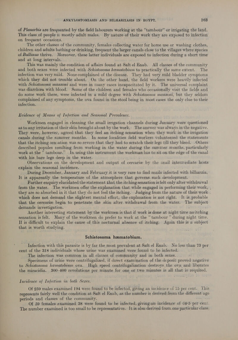 of Planorbis are frequented by the field labourers working at the “tambour” or irrigating the land. This class of people is mostly adult males. By nature of their work they are exposed to infection on frequent occasions. The other classes of the community, females collecting water for home use or washing clothes, children and adults bathing or drinking, frequent the larger canals close to the villages where species of Bullinus thrive. Moreover, these latter individuals are exposed to infection during a short time and at long intervals. This was mainly the condition of affairs found at Saft el Enab. All classes of the community and both sexes were infected with Schistosoma haematobium to practically the same extent. The infection was very mild. Nonecomplained of the disease. They had very mild bladder symptoms which they did not trouble about. On the other hand, the field workers were heavily infected with Schistosoma mansoni and were in many cases incapacitated by it. The universal complaint was diarrhoea with blood: Some of the children and females who occasionally visit the fields and do some work there, were infected in a mild degree with Schistosoma mansoni, but they seldom complained of any symptoms, the ova found in the stool being in most cases the only clue to their infection. Evidence of Means of I nfection and Seasonal Prevalence. Workmen engaged i in cleaning the small irrigation channels durivig January were questioned as to any irritation of their skin brought about by the work. The answer was always in the negative. They were, however, agreed that they feel an itching sensation when they work in the irrigation canals during the summer months. In some localities field workers volunteered the statements that the itching sensation was so severe that they had to scratch their legs till they bleed. - Others described popules resulting from working in the water during the summer.months, particularly work at the “ tambour.” In.using this instrument the workman has to sit.on-the edge of the canal with his bare legs deep in the water. Observations on the development and output of cercarize by the snail intermediate hosts explain the seasonal incidence. During December, January and F ebruary, it is very rare to find snails infabtiod with pitandia It is apparently the temperature of the atmosphere. that governs. such. development. Further enquiry elucidated the statement that. the itching sensation is felt only after withdrawal from the water. The workmen offer the explanation that. while engaged in performing their work, , they are so absorbed in it that they do not feel the itching. Judging from.the nature of their-work.. which does not demand the. slightest mental effort, the explanation is not right. It.1s probable that the cereariz begin to penetrate the skin after. withdrawal from. the water. The subject demands investigation. Another interesting statement by the workmen is that if work i is done at night tiene. no itching sensation is felt. Many of the workmen do prefer to work at the “tambour ” during night time. If is difficult to explain the cause of this nocturnal absence of itching. Again this is a subject that 1s worth studying. Schistosoma hzematobium. ~ Infection with this parasite is by far the most prevalent at Saft el Hnab. No less than 73 per cent of the 318 individuals whose urine was examined were found to be infected. The infection was common in all classes of community and in both. sexes.. Specimens of urine were centrifugalized, if direct examination of the deposit proved negative to Schistosoma hematobvum ova. High speed centrifugalization destroys the ova and liberates the miracidia. 300-400 revolutions per minute for one or two minutes is all that is required. Incidence of Infection im both Sexes. Of 259 males examined 194 were found to be infected, giving an tncidence of 75 per cent. This represents fairly well the condition at Saft el Enab, as the number is derived from-the different ass periods and classes of the community. ear ties Of 59 females examined 38 were found to be infected, giving an: incidence of 64:5 per-cent. The number examined is too.small to be representative. Itis also derived from. one particular class,