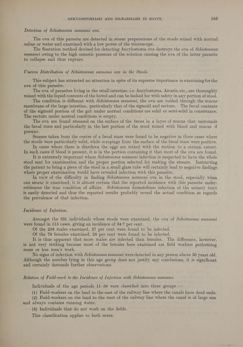 Detection of Schistosoma mansoni ova. The ova of this parasite are detected in smear preparations of the stools mixed with normal . Saline or water and examined with a low power of the microscope. The floatation method devised for detecting Ancylostoma ova destroys the ova of Schistosoma mansoni owing to the high osmotic pressure of the solution causing the ova of the latter parasite to collapse and thus rupture. Uneven Distribution of Schistosoma mansoni ova in the Stools. This subject has attracted no attention in spite of its supreme importance in examining for the ova of this parasite. The ova of parasites living in the small intestine, 2.e. Ancylostoma, Ascaris, etc., are thoroughly mixed with the liquid contents of the bowel and can be looked for with safety in any portion of stool. The condition is different with Schistosoma manson, the ova are voided through the mucus membrane of the large intestine, particularly that of the sigmoid and rectum. The feecal contents of the sigmoid portion of the gut under normal conditions are solid or semi-solid in consistance. The rectum under normal conditions is empty. . The ova are found smeared on the surface of the feeces in a layer of mucus that surrounds the faecal mass and particularly in the last portion of the stool mixed with blood and mucus if present. Smears taken from the centre of a feecal mass were found to be negative in three cases where the stools were particularly solid, while scrapings from the surface of the feecal mass were positive. In cases where there is diarrhoea the eggs are mixed with the motion to a certain extent. In such cases if blood is present, it is in the portion containing it that most of the ova are found. It is extremely important where Schistosoma mansoni infection is suspected to have the whole stool sent for examination and the proper portion selected for making the smears. Instructing the patient to bring a piece of the stool in a small glass tube will certainly lead to negative findings where proper examination would have revealed infection with this parasite. In view of the difficulty in finding Schistosoma mansoni ova in the stool, especially when one smear 1s examined, it is almost certain that the reported incidence with this parasite under- estimates the true condition of affairs. Schistosoma hemotobium infection of the urinary tract is easily detected and thus the reported results probably reveal the actual condition as regards the prevalence of that infection. Incidence of Infection. Amongst the 331 individuals whose stools were examined, the ova of Schistosoma mansoni were found in 115 cases, giving an incidence of 34:7 per cent. Of the 258 males examined, 37 per cent were found to be infected. Of the 78 females examined, 28 per cent were found to be infected. It is thus apparent that more males are infected than females. The difference, however, is not very striking because most of the females here examined are field workers performing more or less men’s work. No signs of infection with Schistosoma mansoni were detected in any person above 50 years old. Although the number lying in this age group does not justify any conclusions, it is significant and certainly demands further observations. Relation of Field-work to the Incidence of Infection with Schistosoma mansoni. Individuals of the age periods 11-50 were classified into three groups :— (1) Field-workers on the land to the east of the railway line where the canals have dead ends. (2) Field-workers on the land to the west of the railway line where the canal is of large size and always contains running water. (3) Individuals that do not work on the fields. This classification applies to both sexes.