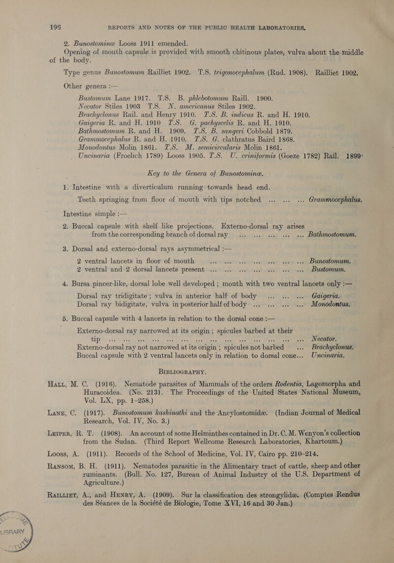  2. Bunostomnmne Looss 1911 emended. Opening of mouth capsule is provided with smooth chitinous plates, vulva about the middle of the body. Type genus Bunostomum Railliet 1902. T.S. trigonocephalum (Rud. 1908). Railliet 1902. Other genera :— Bustomum Lane 1917. T.S. B. phlebotomum Raill. 1900. Necator Stiles 1903 T.S. N. americanus Stiles 1902. Brachyclonus Rail. and Henry 1910. T.S. B. wmdicus R. and H. 1910. Gaigerra R. and H. 1910 T.S. G. pachyscelis R. and H. 1910. Bathmostomum R. and H. 1909. T.S. B. sangert Cobbold 1879. Grammocephalus R. and H. 1910. T.S. G. clathratus Baird 1868. Monodontus Molin 1861. T7.S. M. semicircularis Molin 1861. Unceinaria (Froelich 1789) Looss 1905. T.S. U. crineformis (Goeze 1782) Rail. 1899: Key to the Genera of Bunostomine. Teeth springing from floor of mouth with tips notched ... ... ... Grammocephalus. Intestine simple :— 2. Buccal capsule with shelf like projections. Externo-dorsal ray arises from the corresponding branch of dorsalray ... ... ... ... ... Bathmostomum. 3. Dorsal and externo-dorsal rays asymmetrical :— 2 ventral lancets in floor of mouth hist lediu Os ees. Lata Meet key -6g 2 One ae 2 ventral and 2 dorsal lancets present ... ...0 10.0 2. aes eee ee ~=Bustomum. 4. Bursa pincer-like, dorsal lobe well developed ; mouth with two ventral lancets only :— Dorsal ray tridigitate ; vulva in anterior half of body ... ... ... Gavgera. Dorsal ray bidigitate, vulva in posterior half of body ... ......... .... Monodontus. 5. Buccal capsule with 4 lancets in relation to the dorsal cone :— Externo-dorsal ray narrowed at its go): spicules barbed at their Lip ee ... Necator. Externo-dorsal ray not narrowed at its origin ; spicules Hot barbad 2 AS Brachyclonus. Buccal capsule with 2 ventral lancets only in relation to dorsal cone... Uncmaria. BIBLIOGRAPHY. Hati, M. C. (1916). Nematode parasites of Mammals of the orders Rodentia, Lagomorpha and Huracoidea. (No. 2131. The Proceedings of the United States National Museum, Vol. LX, pp. 1-258.) Lane, C. (1917). Bunostomum kashinathi and the Ancylostomide. (Indian Journal of Medical Research, Vol. IV, No. 3.) LEIPER, R. T. (1908). An account of some Helminthes contained in Dr. C. M. Wenyon’s collection from the Sudan. (Third Report Wellcome Research Laboratories, Khartoum.) Looss, A. (1911). Records of the School of Medicine, Vol. IV, Cairo pp. 210-214. Ransom, B. H. (1911). Nematodes parasitic in the Alimentary tract of cattle, sheep and other ruminants. (Bull. No. 127, Bureau of Animal Industry ot the U.S. Department of Agriculture.) RarLuiet, A., and Henry, A. (1909). Sur la classification des strongylide. (Comptes Rendus | des Séances de la Société de Biologie, Tome XVI, 16 and 30 Jan.)