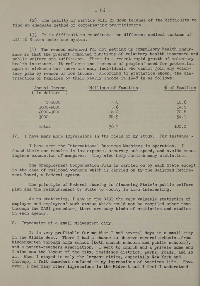 ~“boee (2) The quality of service will go down because of the difficulty to find an adequate method of compensating practitioners. (3) It is difficult to coordinate the different medical customs of all 48 States under one system. (4) The reason advanced for not setting up compulsory health insur- ance is that the present combined functions of voluntary health insurance and public welfare are sufficient. There is a recent rapid growth of voluntary health insurance. It reflects the increase of peoples' need for protection against sickness but there are many individuals who cannot join any volun- tary plan by reason of low income. According to statistics shown, the dis- tribution of families by their yearly income in 1948 is as follows: Annual Income Millions of Families % of Families (in dollars ) 0-1000 4.0 10.6 1000-2000 5.6 14.5 2000-3000 8.0 20.8 3000 20.9 54.1 Total 38.5 100.0 IV. I have many more impressions in the field of my study. For instance:- I have seen the International Business Machines in operation. I found their use results in low expense, accuracy and speed, and avoids mean- ingless exhaustion of manpower. They also help furnish many statistics. The Unemployment Compensation Plan is carried on by each State except in the case of railroad workers which is carried on by the Railroad Retire- ment Board, a Federal system. The principle of Federal sharing in financing State's public welfare plan and the reimbursement by State to county is also interesting. As to statistics, I saw in the OASI the very valuable statistics of employer and employees' work status which could not be compiled other than through the OASI procedure; there are many kinds of statistics and studies in each agency. V. Impression of a small midwestern city. It is very profitable for me that I had several days in a small city in the Middle West. There I had a chance to observe several schools--from kindergarten through high school (both church schools and public schools), and a parent-teachers association. I went to church and a private home and I also saw the layout of the city, residence district, parks, roads, and so on. When I stayed in only the largest cities, especially New York and Chicago, I felt somewhat confused in my impressions of American life. How- ever, I had many other impressions in the Midwest and I feel I understand